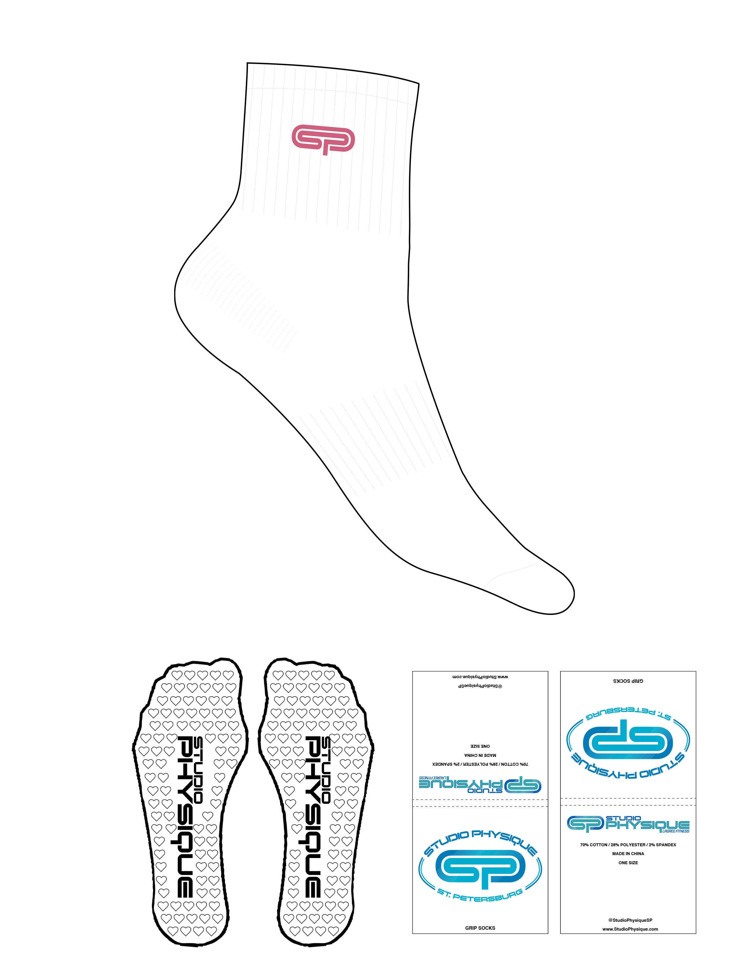 The 1/2 Crew Sock - White - Studio Physique - Top Logo - Embroidered - Pink - Heart Grip - Pink