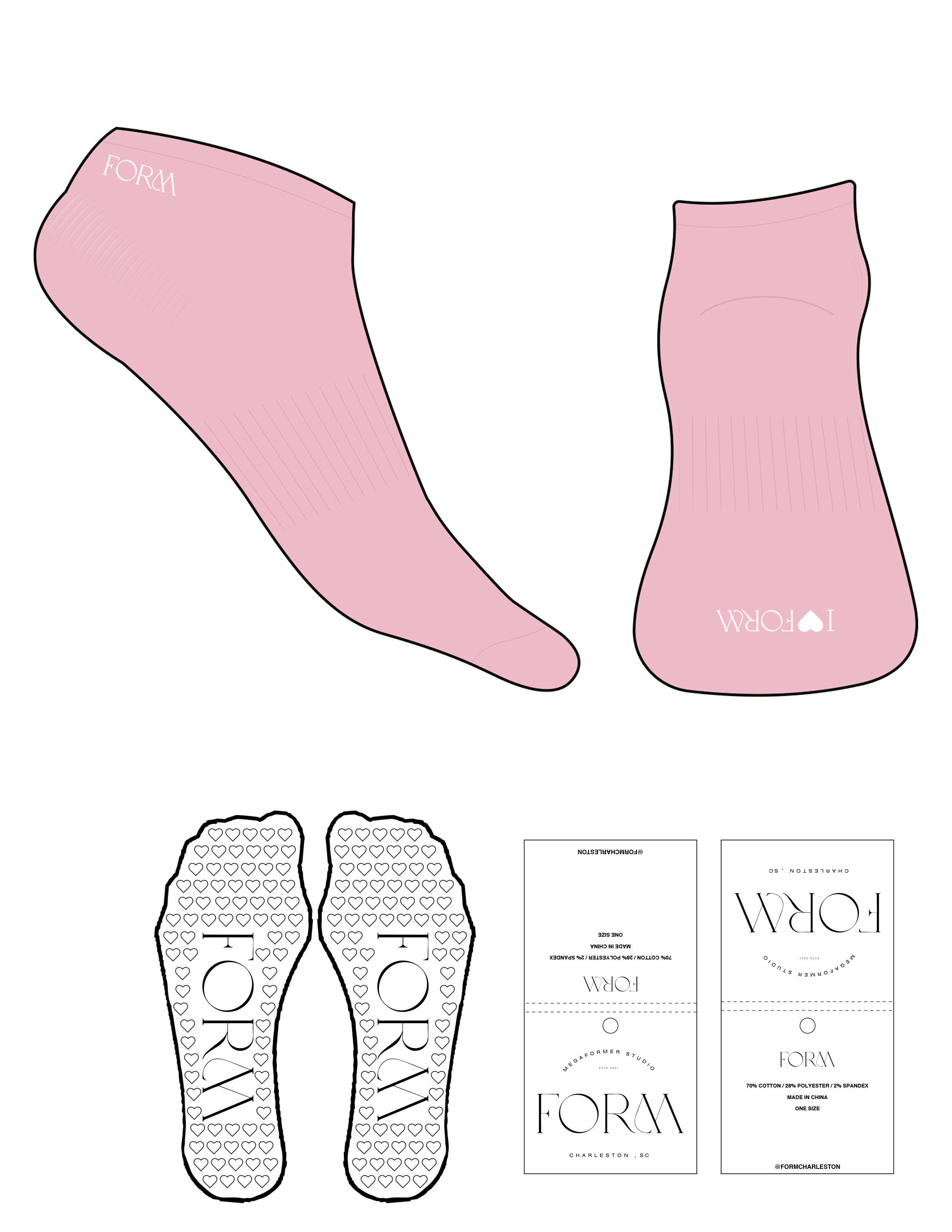 The Ankle Sock - Pink - Form Charleston - Top and Toe Logo - Printed - White - Heart Grip - Transparent