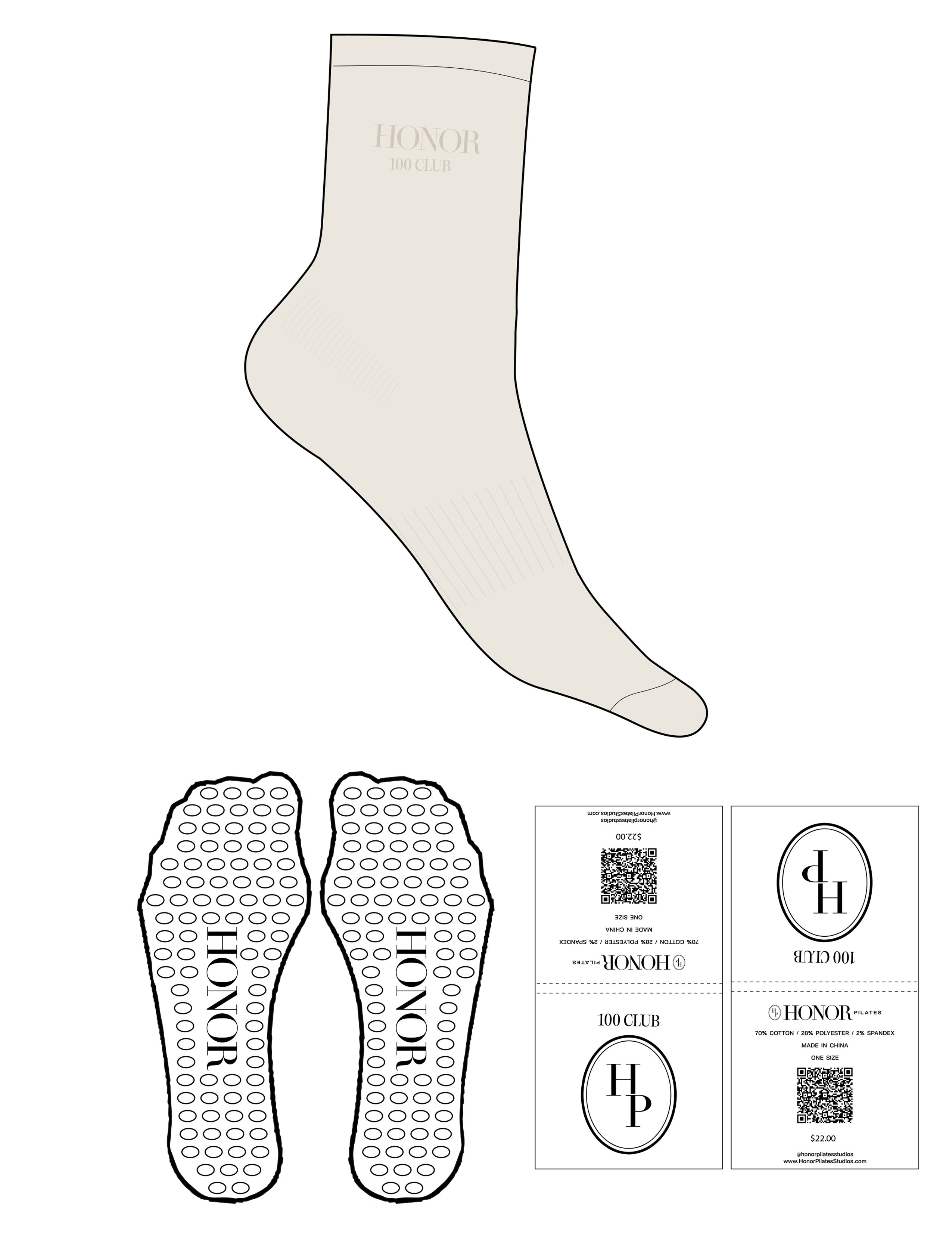 The 3/4 Crew Sock - Off White - Honor Pilates- Top Logo Stacked - EMB - Sand - Circle Grip - Transparent