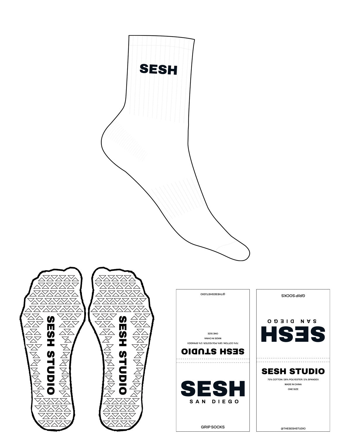 The 3/4 Crew Sock - White - Sesh Studio - Top Logo "SESH" - Black - Triangle Shape Grip - Black