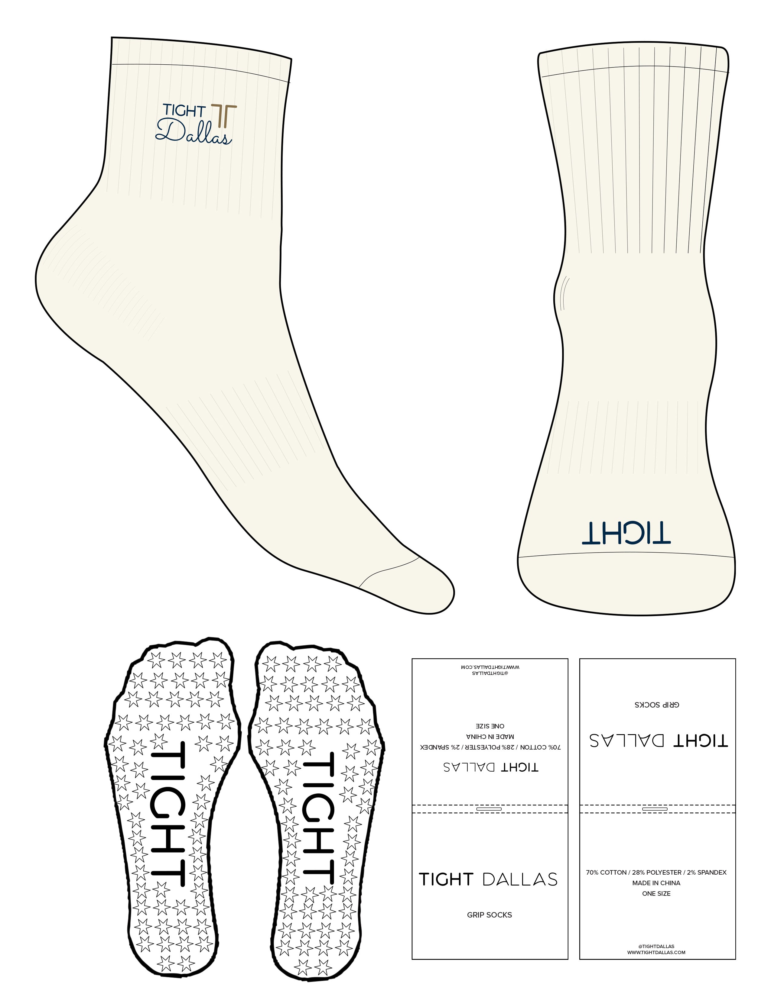 The 1/2 Crew Sock - Off White - Tight Dallas - Top Logo Stacked EMB Full Color - Toe Logo Navy Printed - Star Grip - Navy