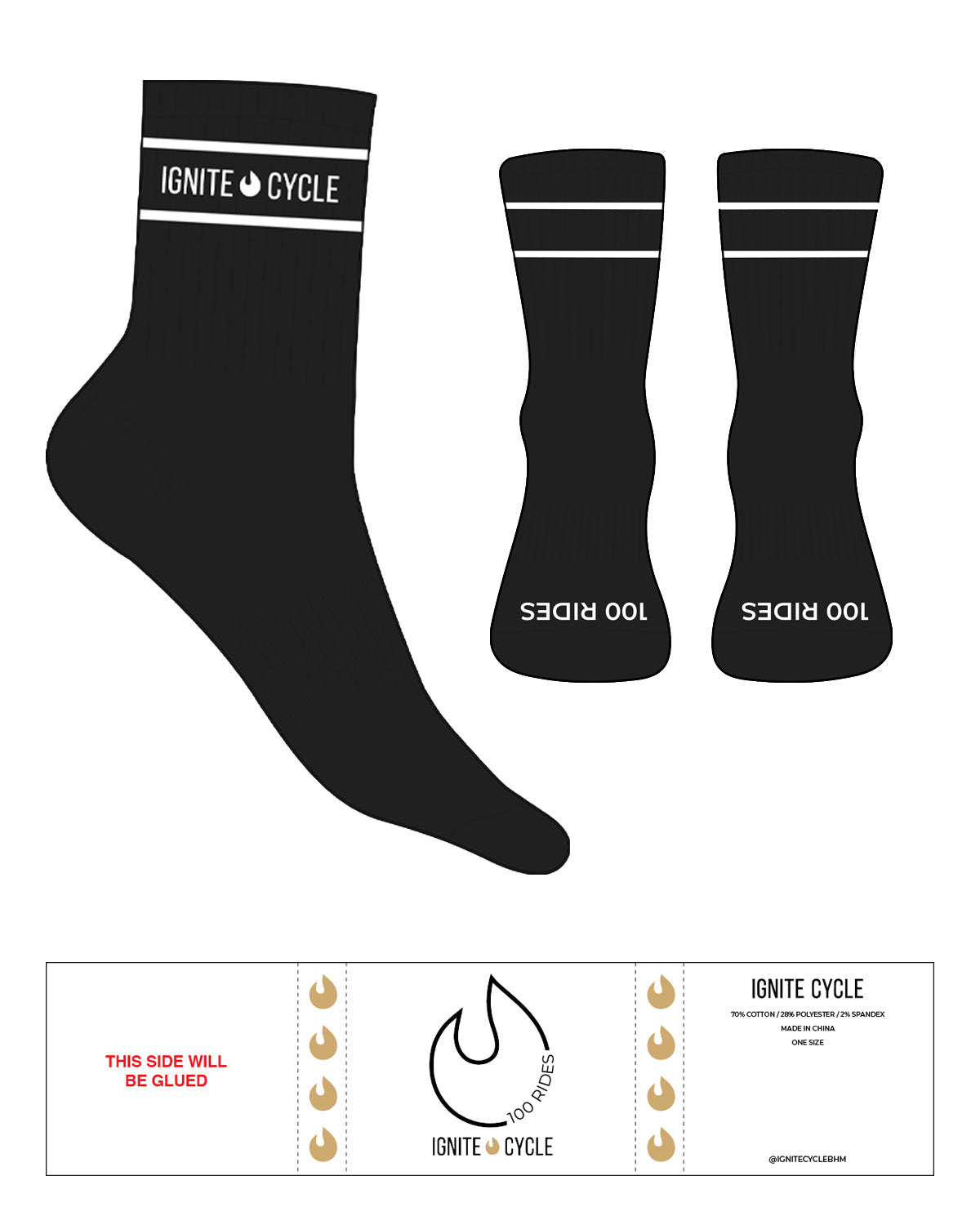 The 3/4 Crew Sock - Black - Ignite Cycle - 2 Lines - Text & Ignite - Bottom Text - White