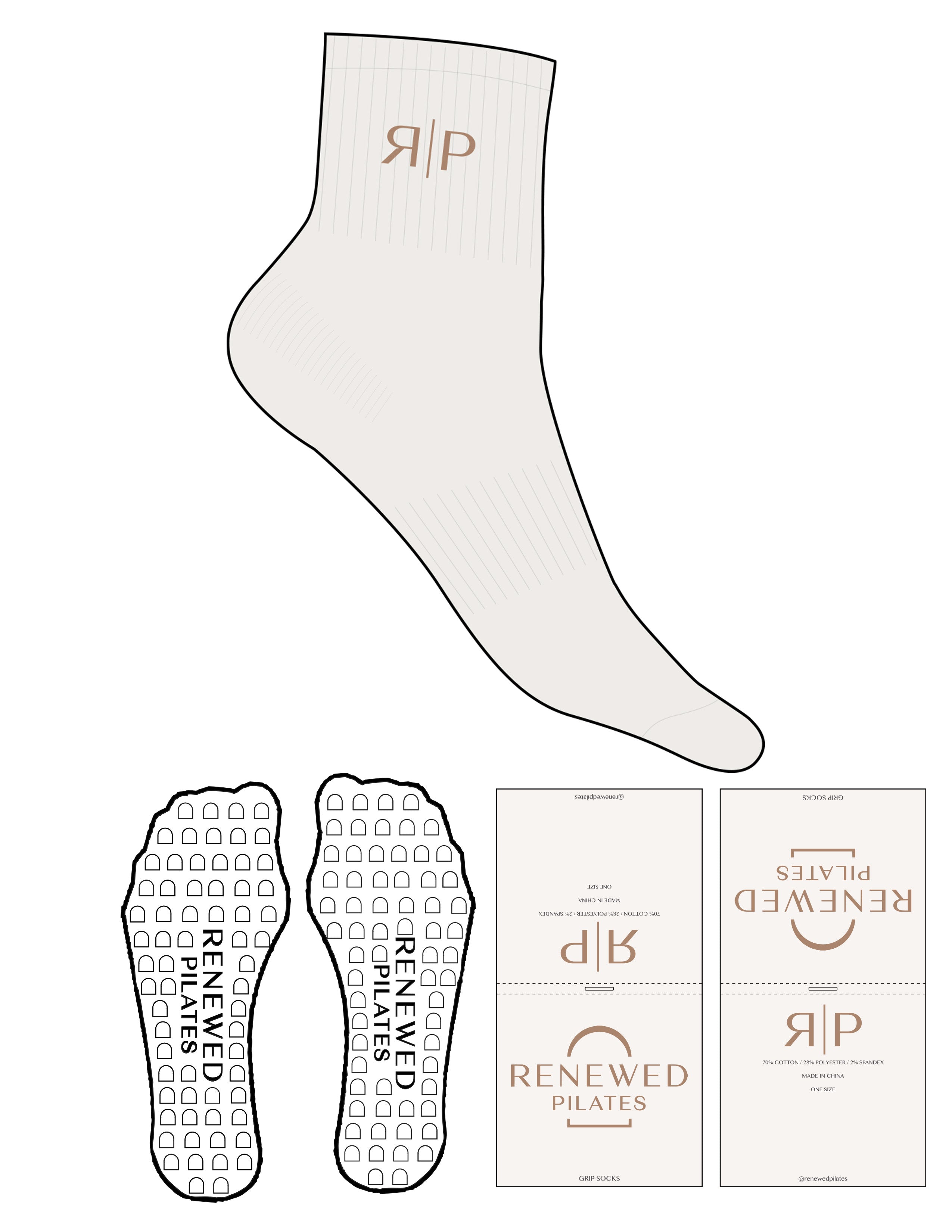 The 1/2 Crew Sock - Cloud Dancer - Renewed Pilates - Top Logo - EMB - Petal - Custom Grip - Petal