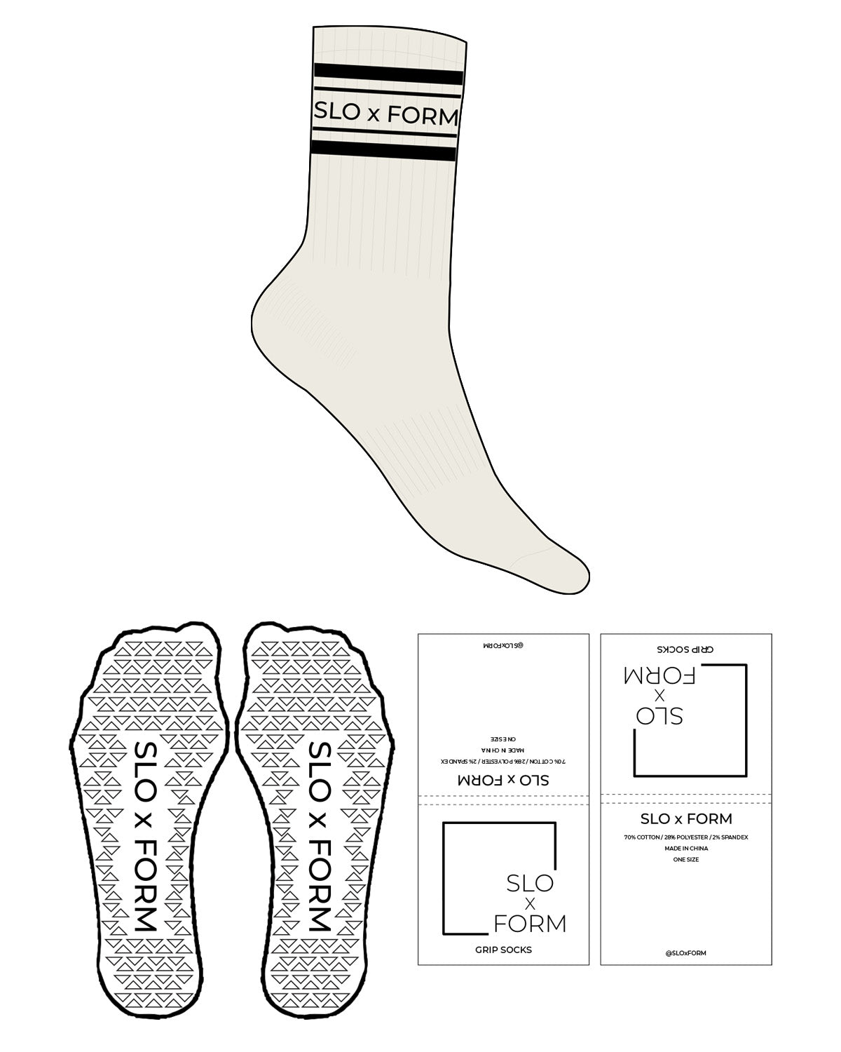 The Crew Sock - Off White - Slo x Form - Black Stripes - Top Logo - Black - Triangle Grip - Black