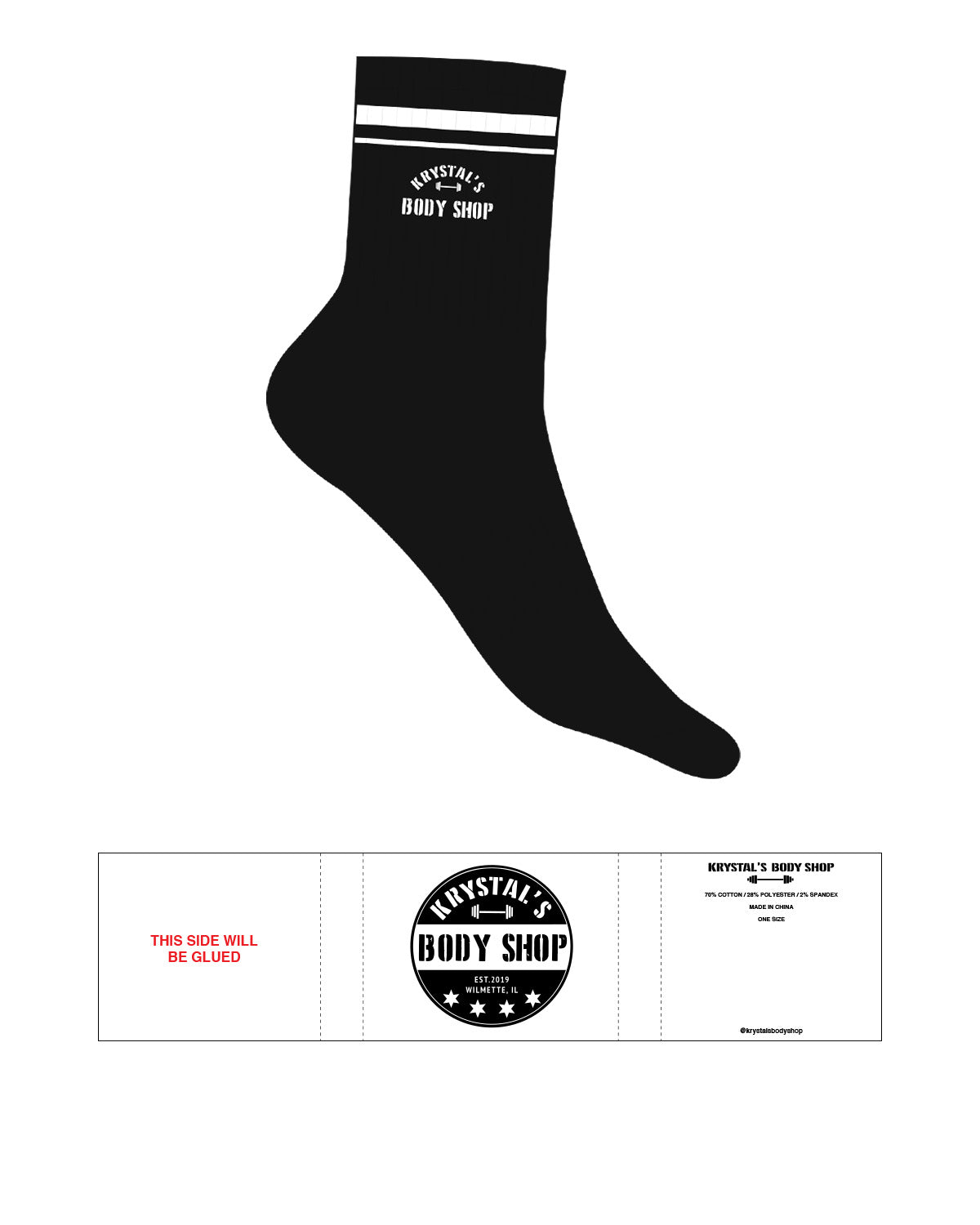 The 3/4 Crew Sock - Black - Krystals Body Shop - White Stripe - Top Logo - Embroidered - White