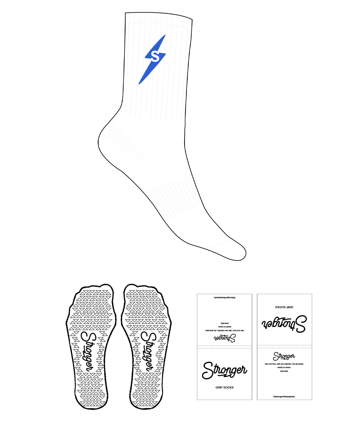 The Crew Sock - White - Stronger Fitness - Top Logo Thunder Shape - Embroidered - Blue - Triangle Shape Grip - Blue