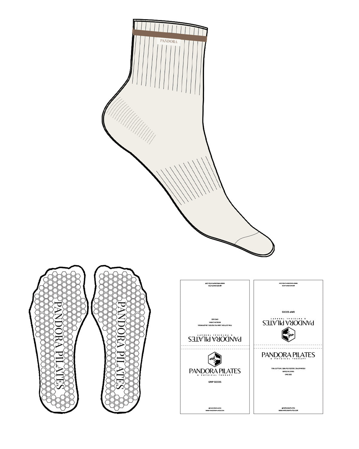 The Crew Sock - Cream - Pandora Pilates - Top Border & Text - Brown Stripe -  Cream Embroidered Label - Hexagon Shape Grip - Transparent