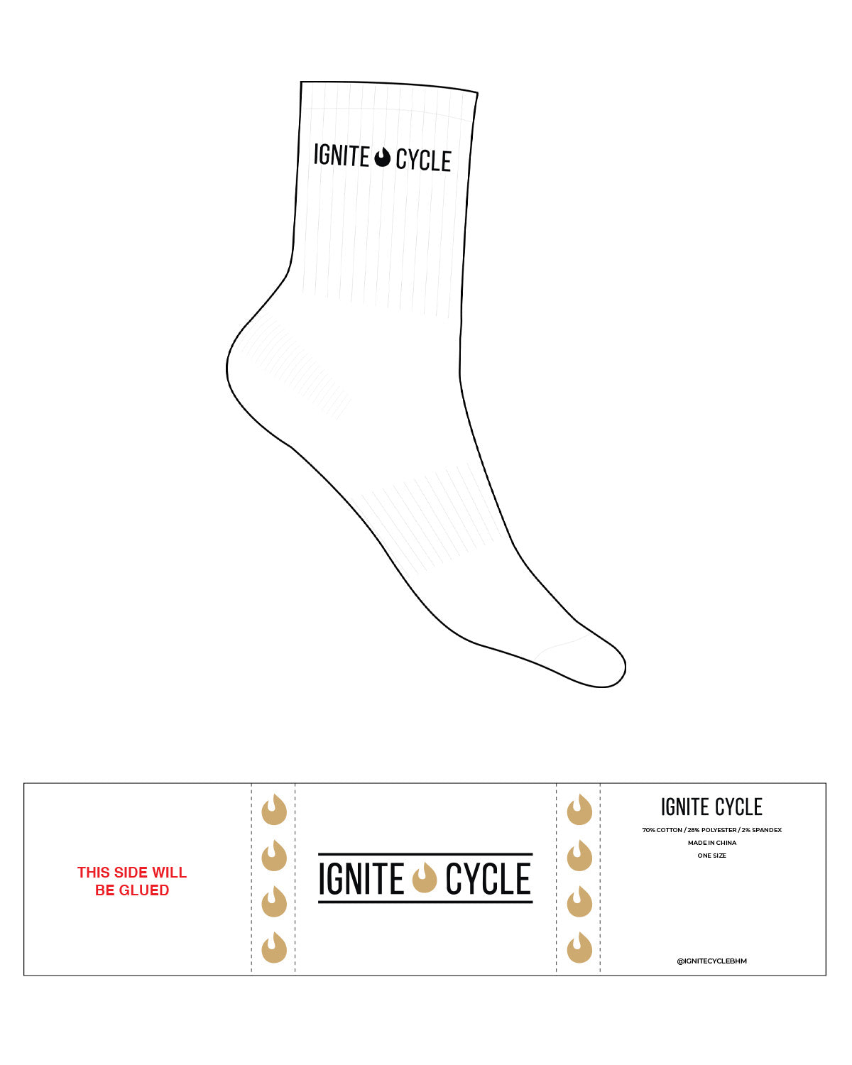 The 3/4 Crew Sock - White - Ignite Cycle - Top Text W/ Icon - Black