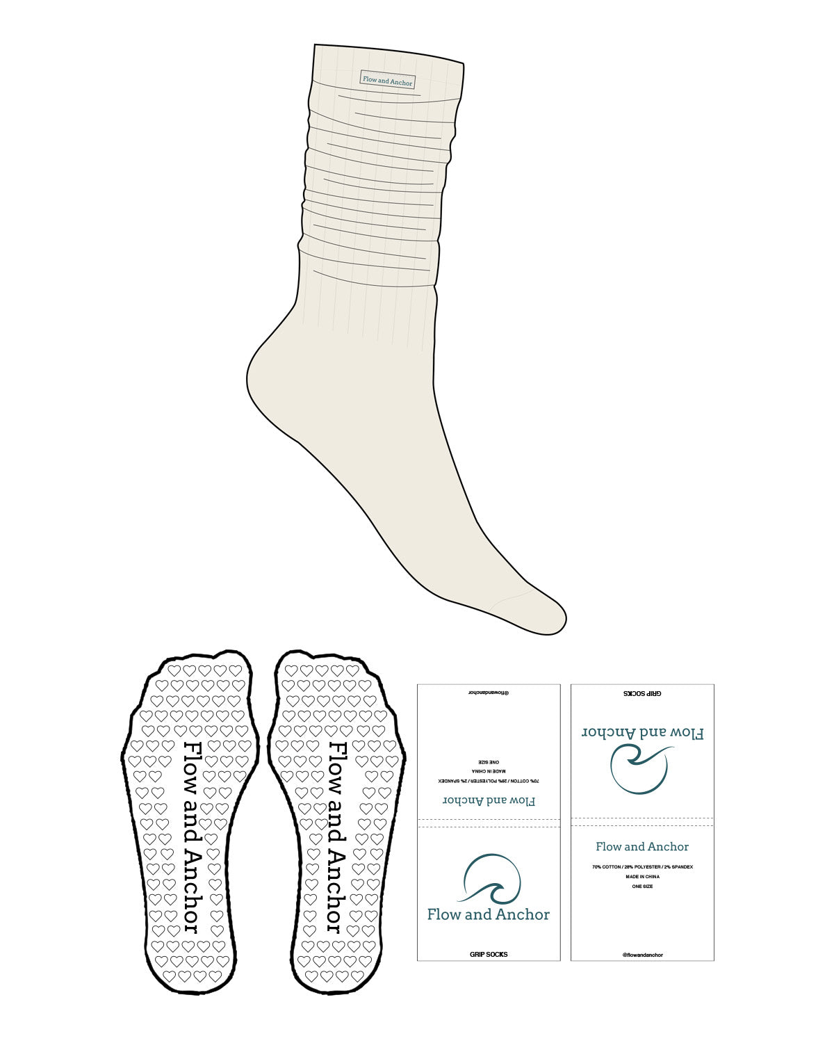 The Slouch Sock - Off White - Flow&Anchor - Top Center - Sew On Logos - Heart Shape Grip - Translucent