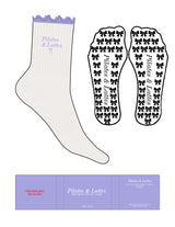 The 3/4 Crew Sock - Cloud Dancer - Pilates & Lattes - Pearl Lilac Frill - Top Logo Stacked - Embroidered - Pearl Lilac - Bow Grip - Pearl Lilac