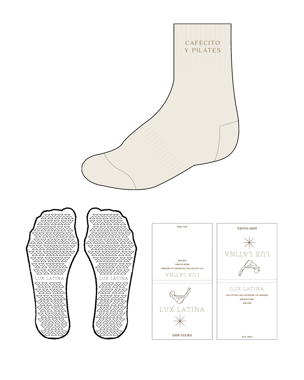 The 3/4 Crew Sock - Off White - Lux Latina - Top - Text Stacked - Brown - Triagle Shape Grip -  Same Tone as Fabric Grip