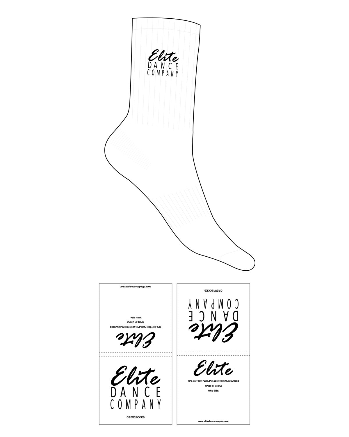 The Crew Sock - White - Elite Dance Academy - Top Logo Stacked - Black