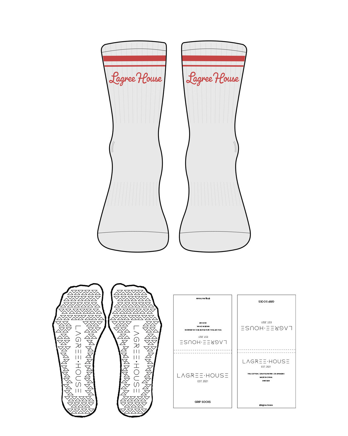 The 3/4 Crew Sock - White Heather - Lagree House - 2 Strips - Top Logo - Muted Red - Triangle Shape Grip - Transparent