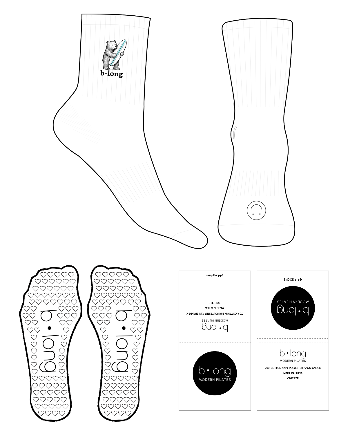 The 3/4 Crew Sock - White - B Long Pilates - Top Side & Back Logo - Embroidered - Full Color - Heart Shape Grip - Black