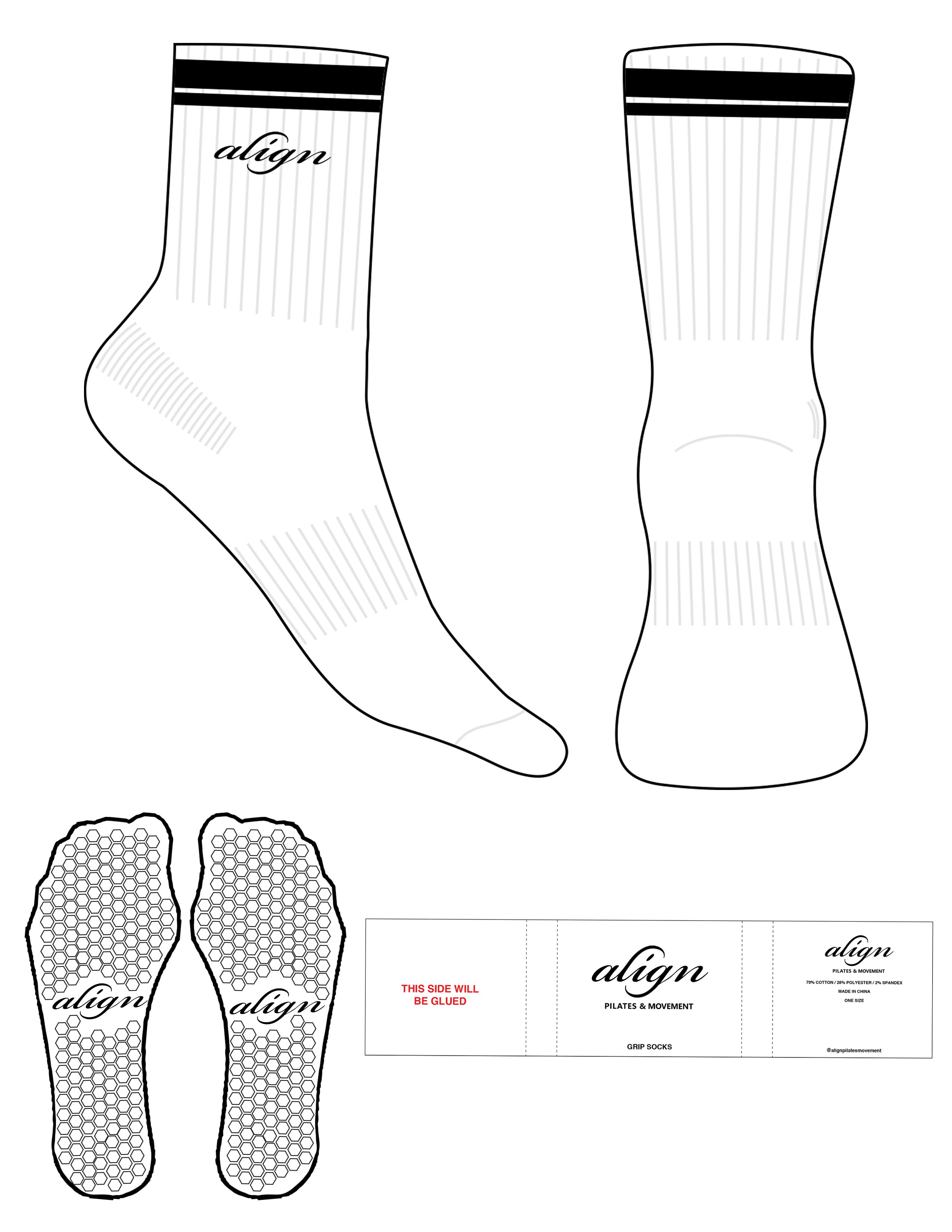 The 3/4 Crew Sock - White - Align Pilates & Movement - 2 Stripes - Top Logo - Embroidered - Black - Hexagon Grip - Black