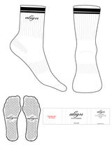 The 3/4 Crew Sock - White - Align Pilates & Movement - 2 Stripes - Top Logo - Embroidered - Black - Hexagon Grip - Black