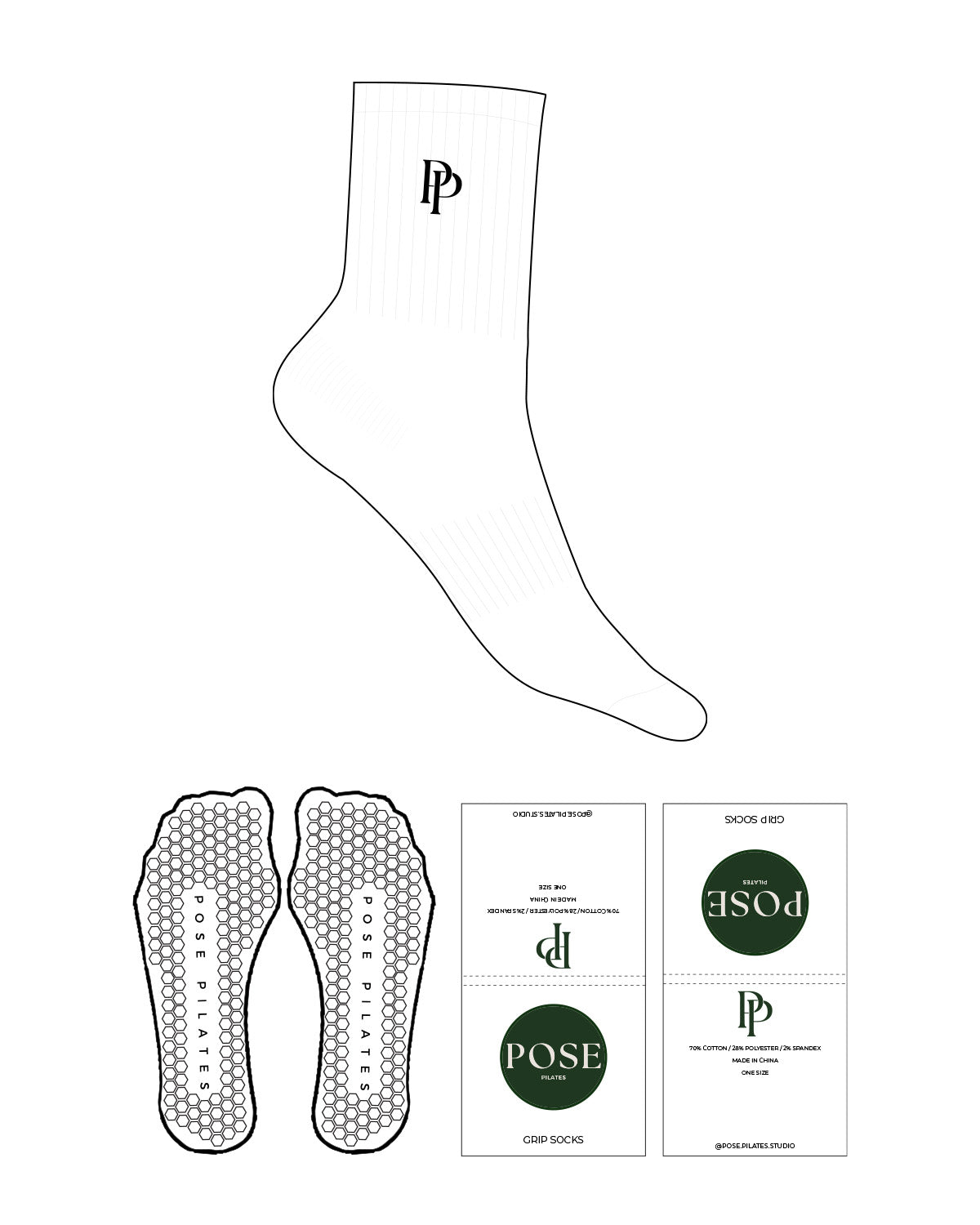 The 3/4 Crew Sock - White - POSE PILATES - Top Icon- Embroidered - Black Hexagon Grip - Black