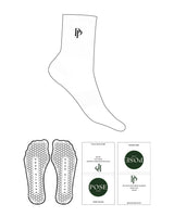 The 3/4 Crew Sock - White - POSE PILATES - Top Icon- Embroidered - Black Hexagon Grip - Black