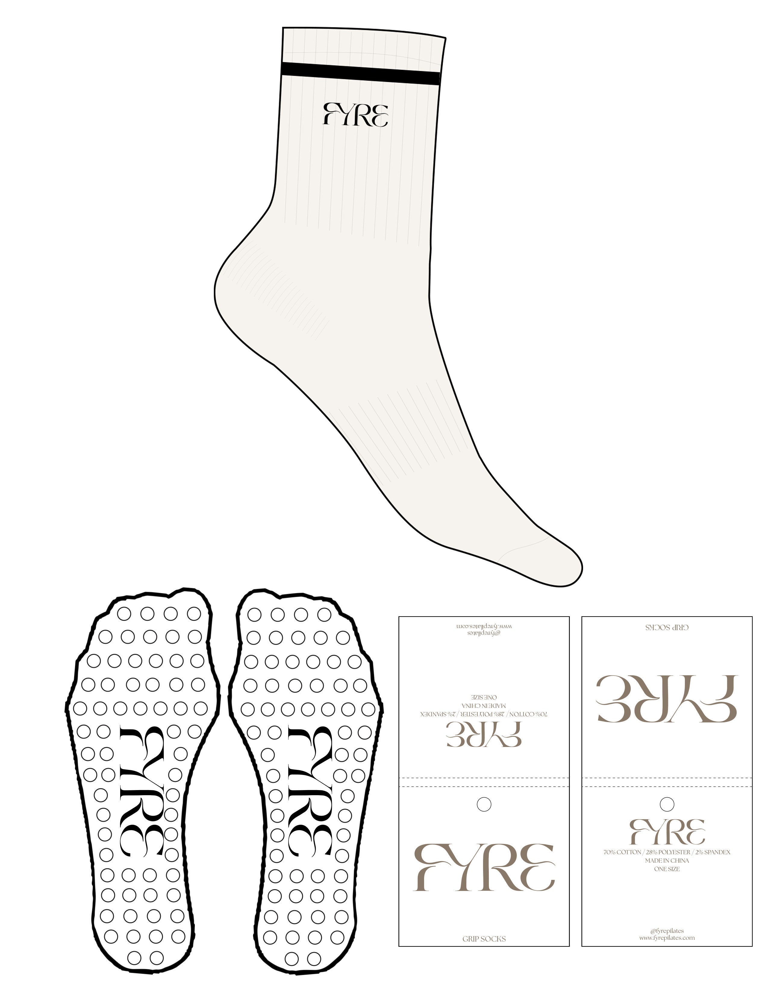 The 3/4 Crew Sock - Creamy White - Fyre Pilates - 1 Stripe Printed Black - Top Logo - EMB - Black - Circle Grip - Black