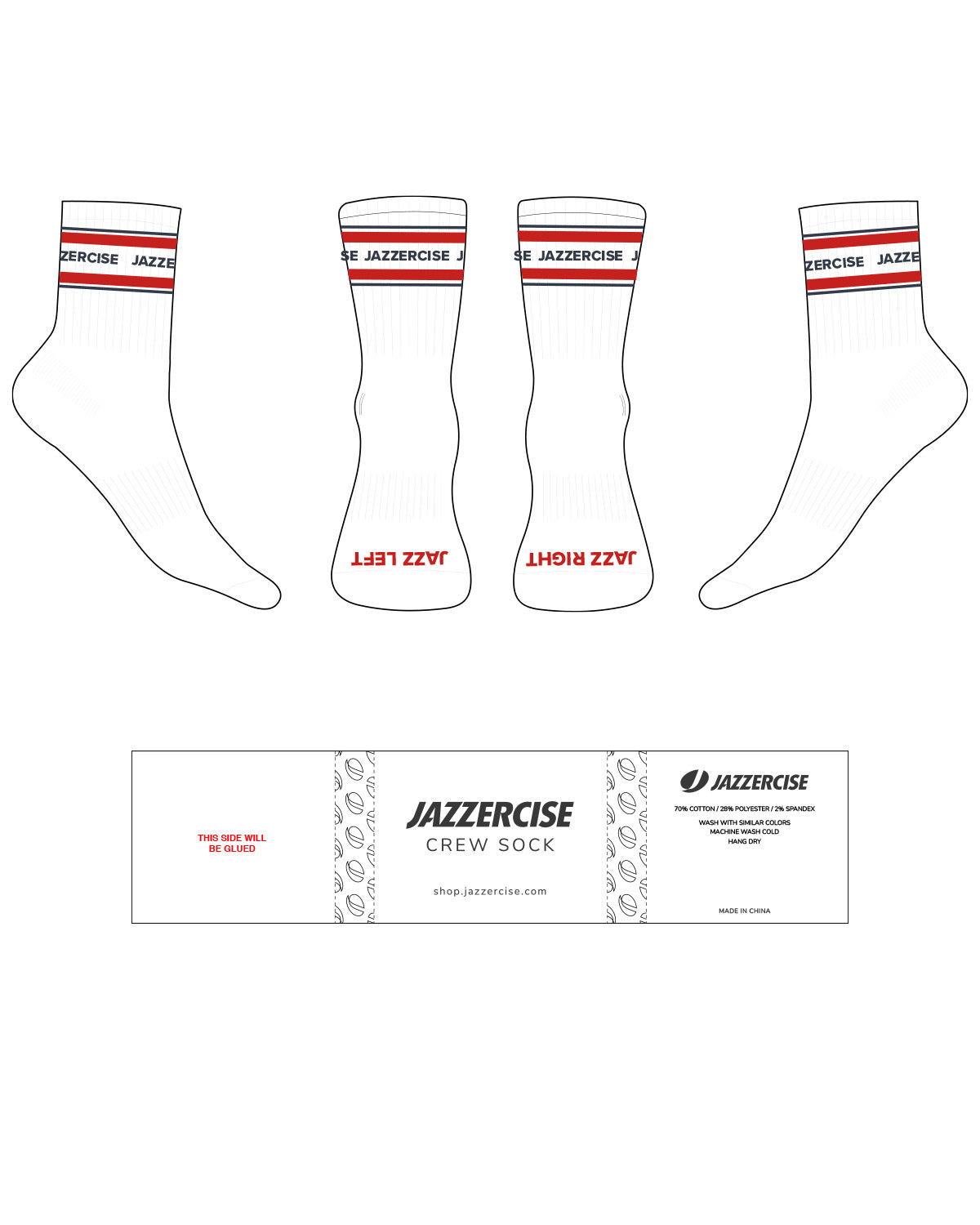 The 3/4 Crew Sock - White - Jazzercise - 4 Strips - Navy & Cherry - Top & Toe Logo - Navy & Cherry