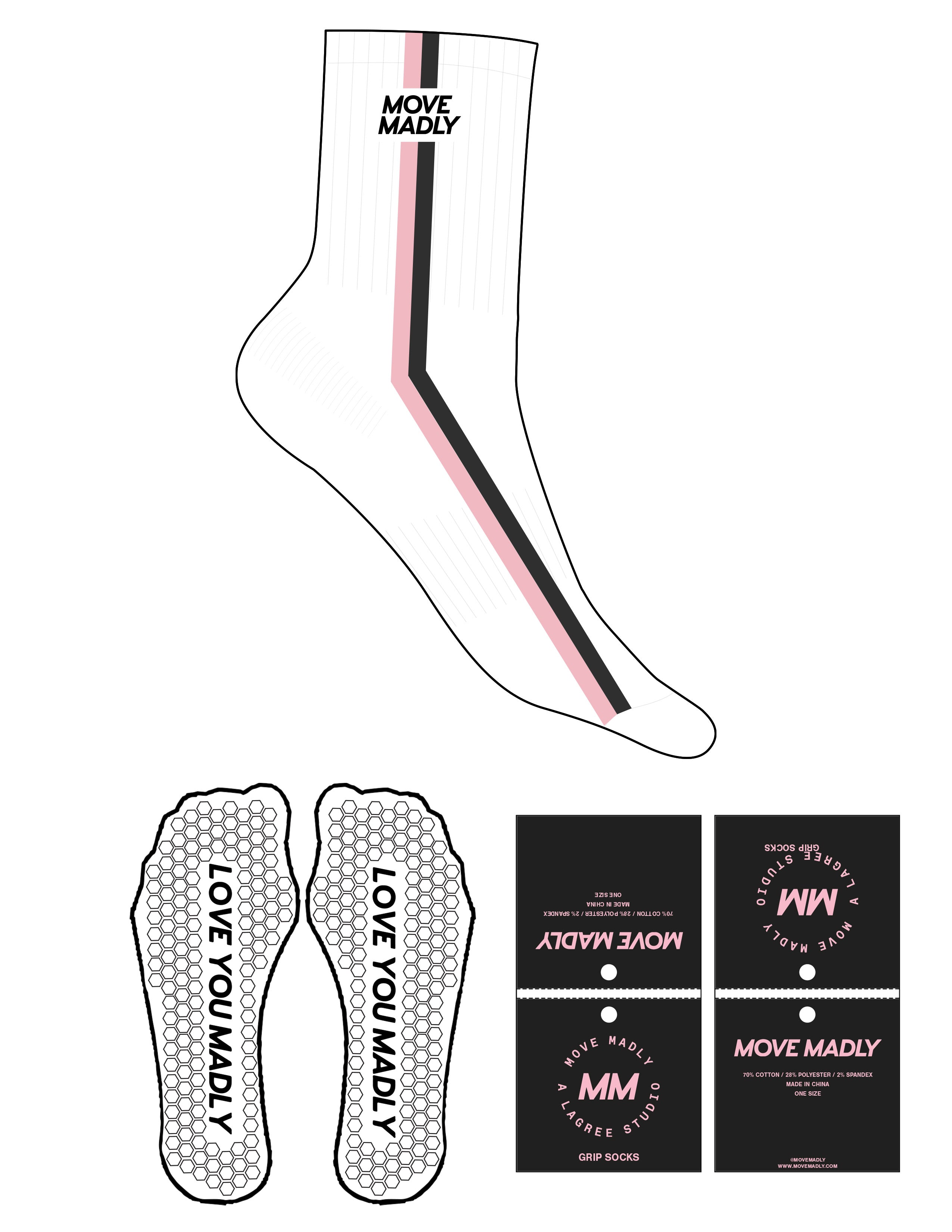 The 3/4 Crew Sock - White - Move Madly - 2 Stripes Pink & Black - Top Logo - Embroidered - Black - Hexagon Grip - Black