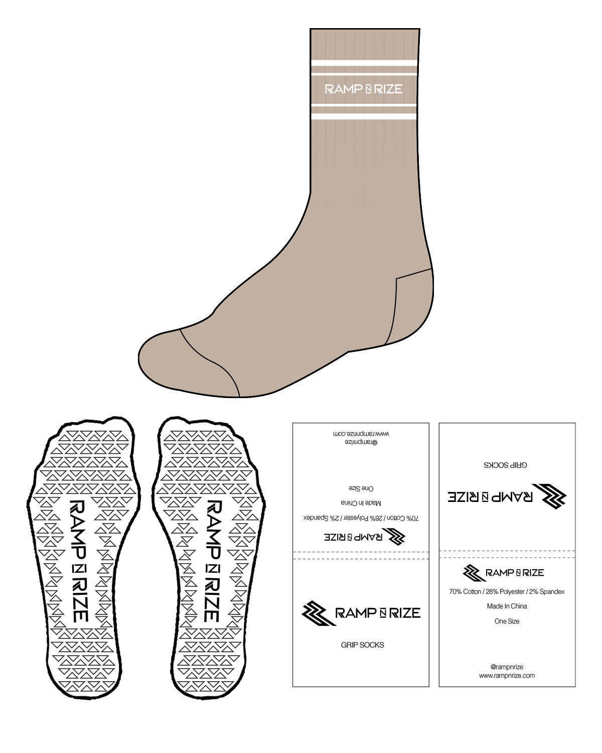 The Crew Sock - Tan - Ramp N Rize - 4 Strips - Top Logo - White - Triangle Shape Grip - White