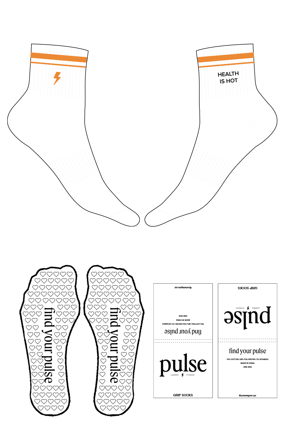 The 1/2 Crew Sock - White - Pulse Lagree Fitness - 2 Stripes - Top Left Printed Black - Top Right Embroidered Orange - Heart Grip - Orange