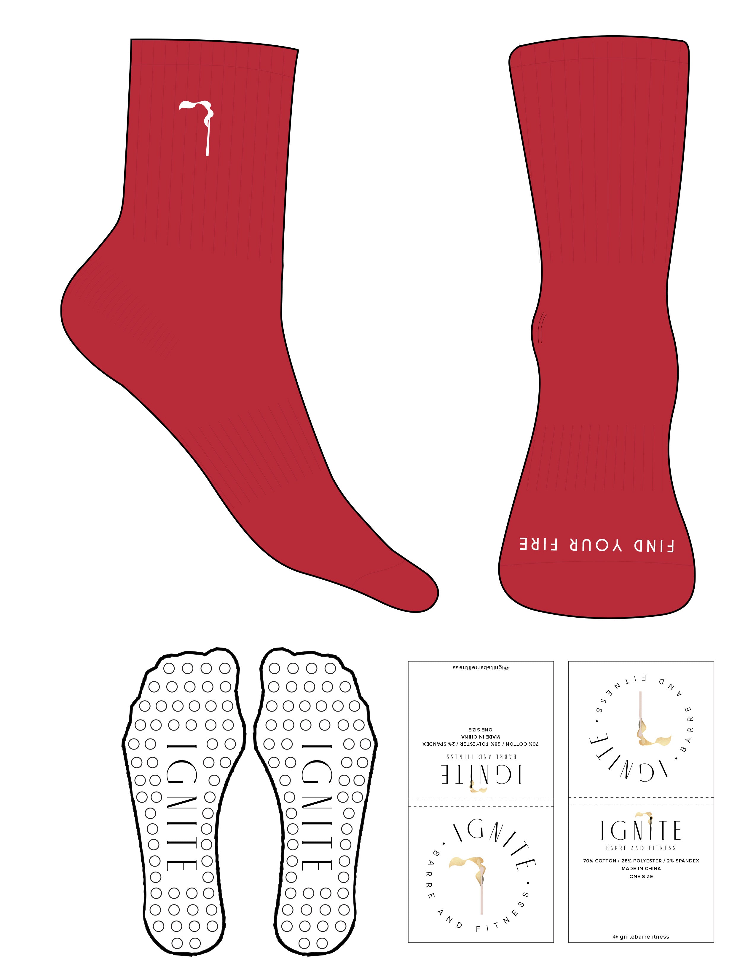The 3/4 Crew Sock - Red - Ignite Barre & Fitness - Top Logo EMB - Toe Logo Printed - White - Circle Grip