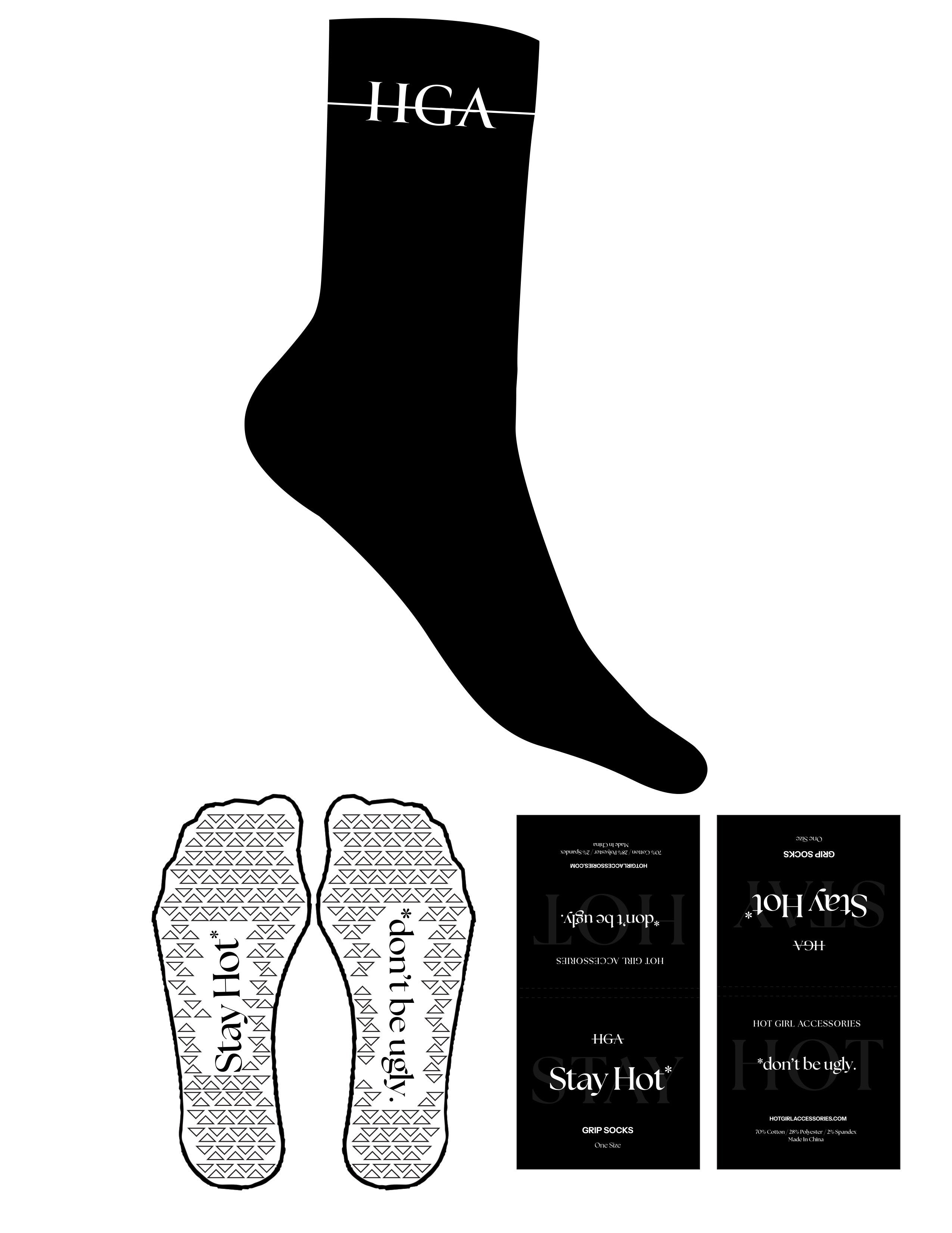 The Crew Sock - Black - H.G Accessories - Top Logo Lined - Printed - White - Triangle Grip - White