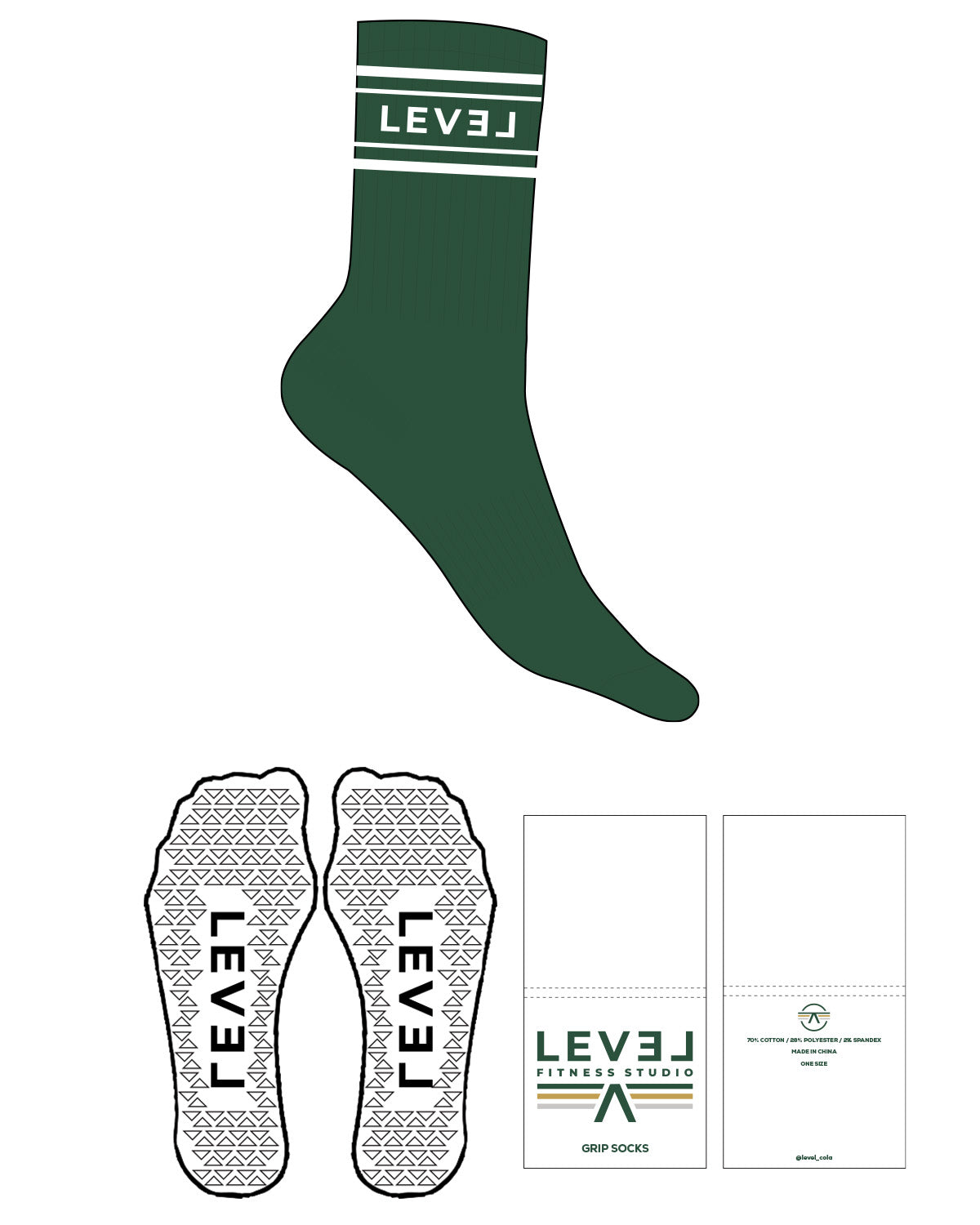 The Crew Sock - Dark Green - Level Fitness Studio - 4 Strips - Top Logo - Printed - White - Triangle Grip - White