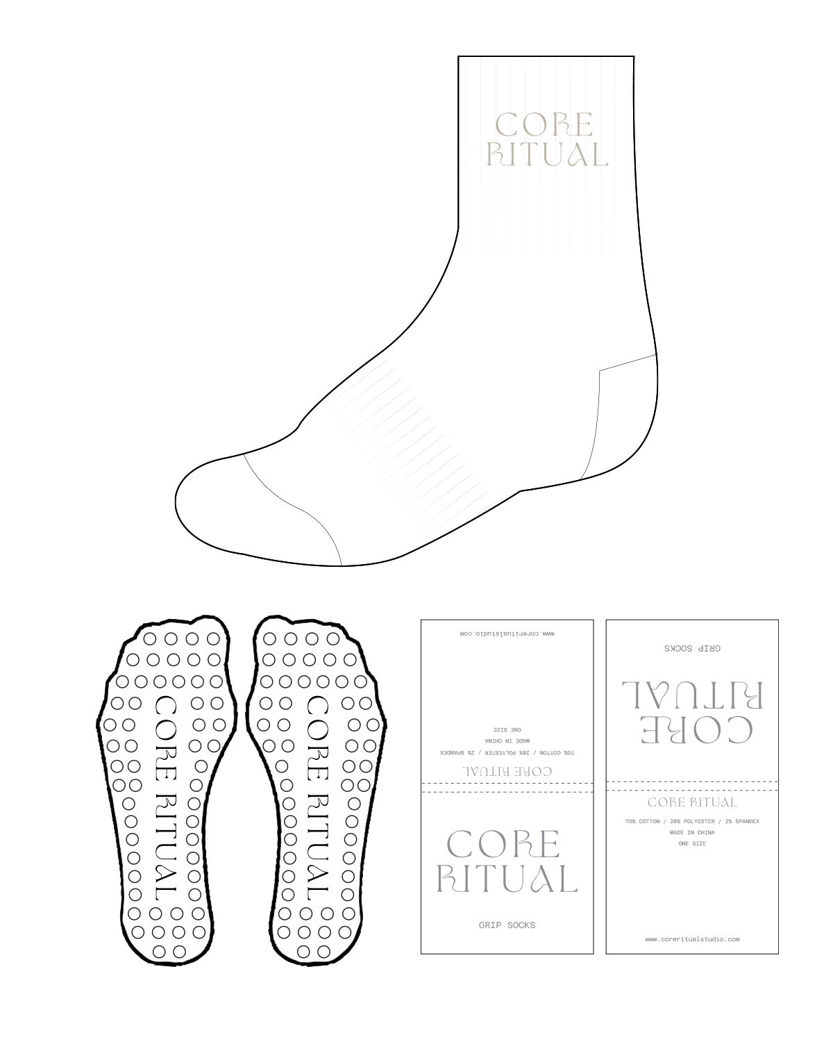 The 3/4 Crew Sock - White - Core Ritual - Top - Text Stacked - Tan - Circle Shape Grip - Tan