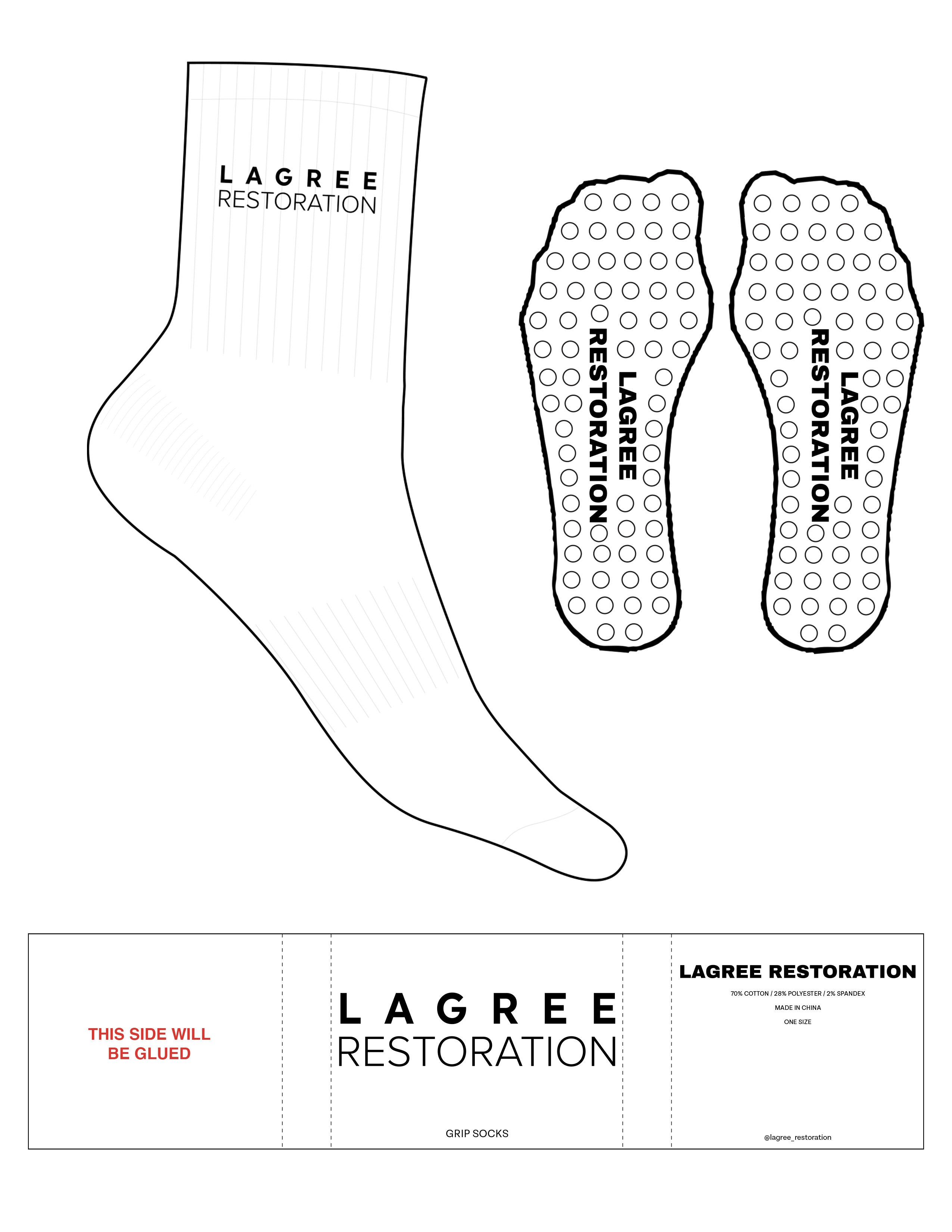 The 3/4 Crew Sock - White -  Lagree Restoration - Top Logo Stacked - Black - Circle Grip - Black