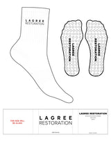 The 3/4 Crew Sock - White -  Lagree Restoration - Top Logo Stacked - Black - Circle Grip - Black