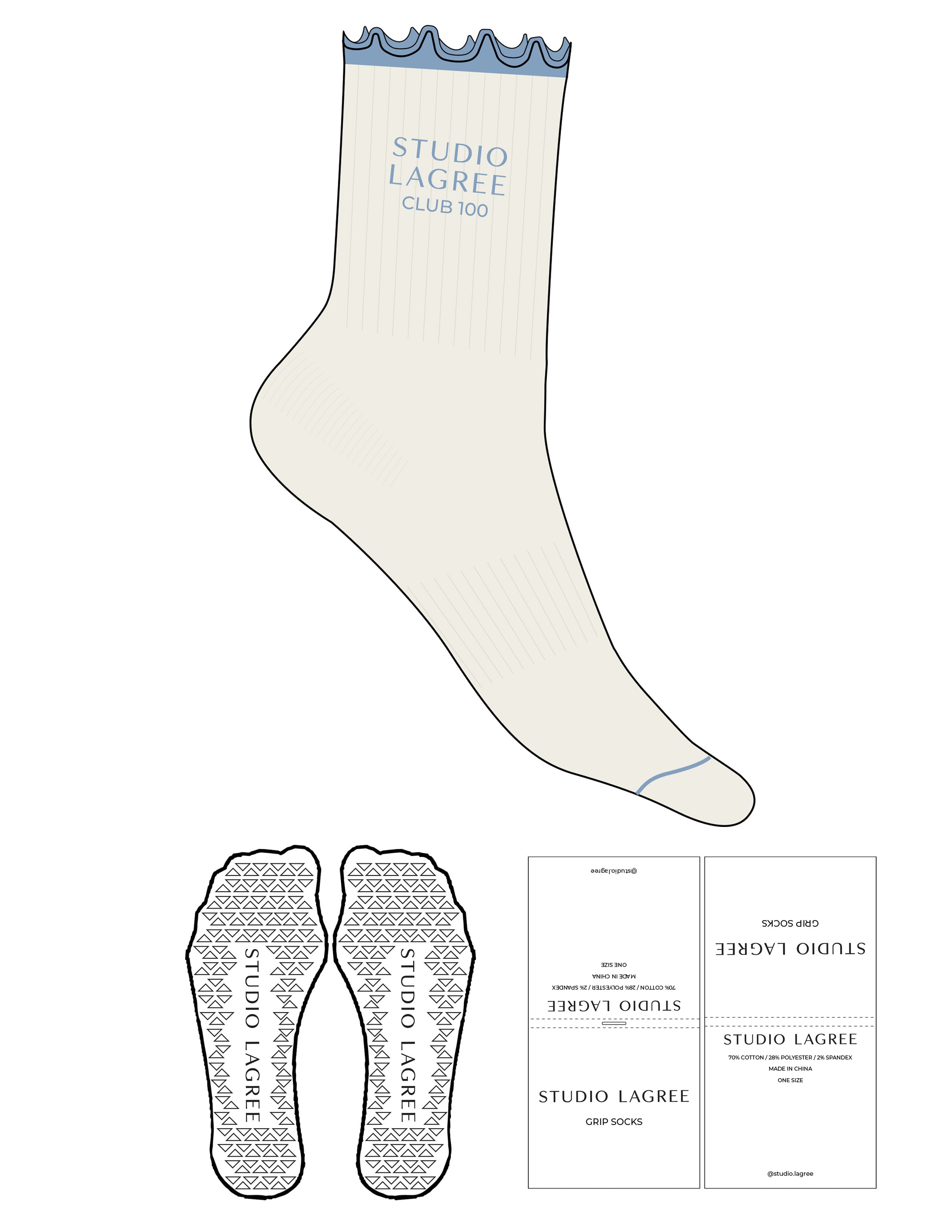 The 3/4 Crew Sock - Marshmallow - Studio Lagree - Blue Ash Frill & Toe - Top Logo Stacked - Blue Ash - Triangle Grip - Blue Ash