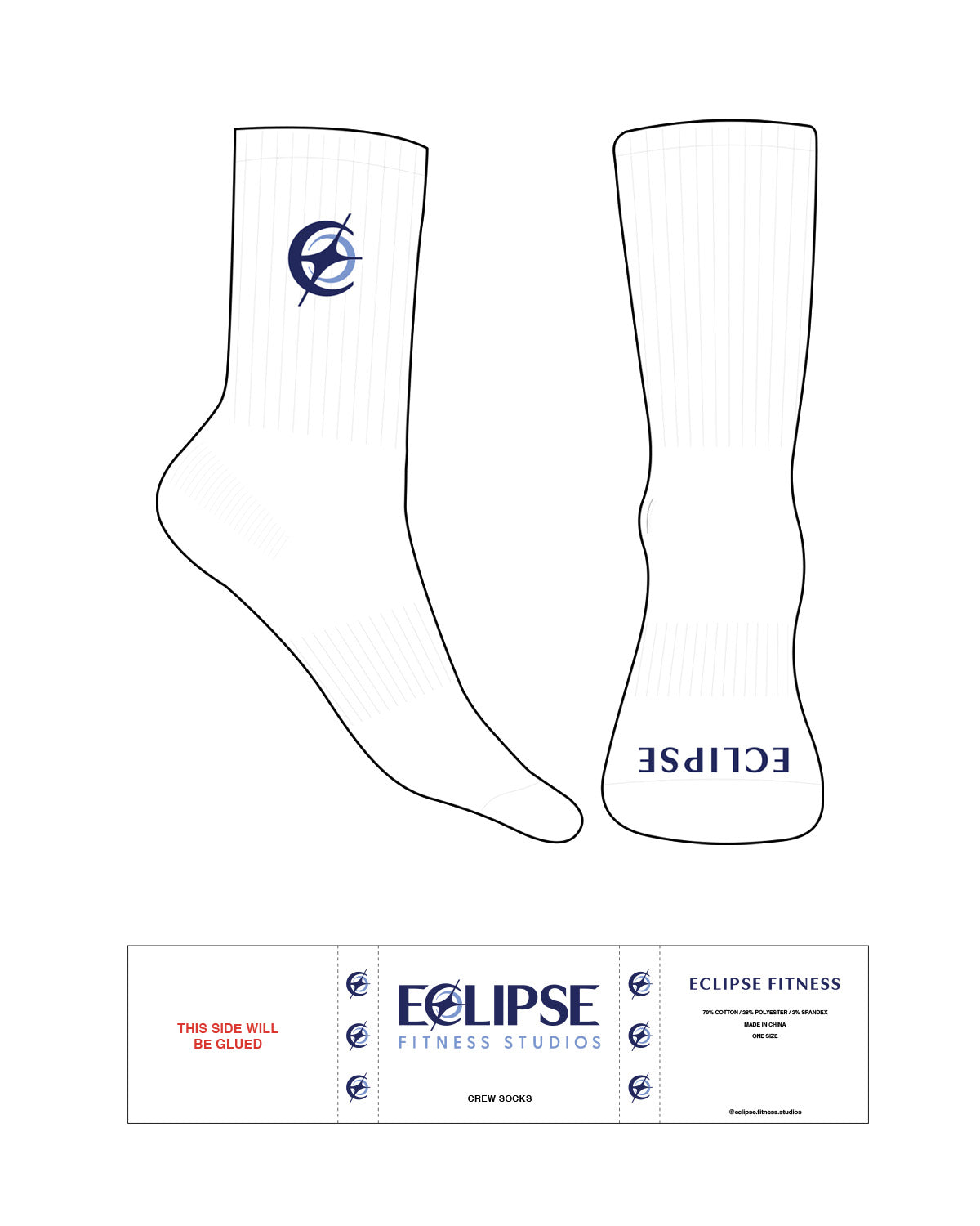 The Crew Sock - White - Eclipse Fitness Studios - Top Embroidered Full Color - Toe Printed Blue