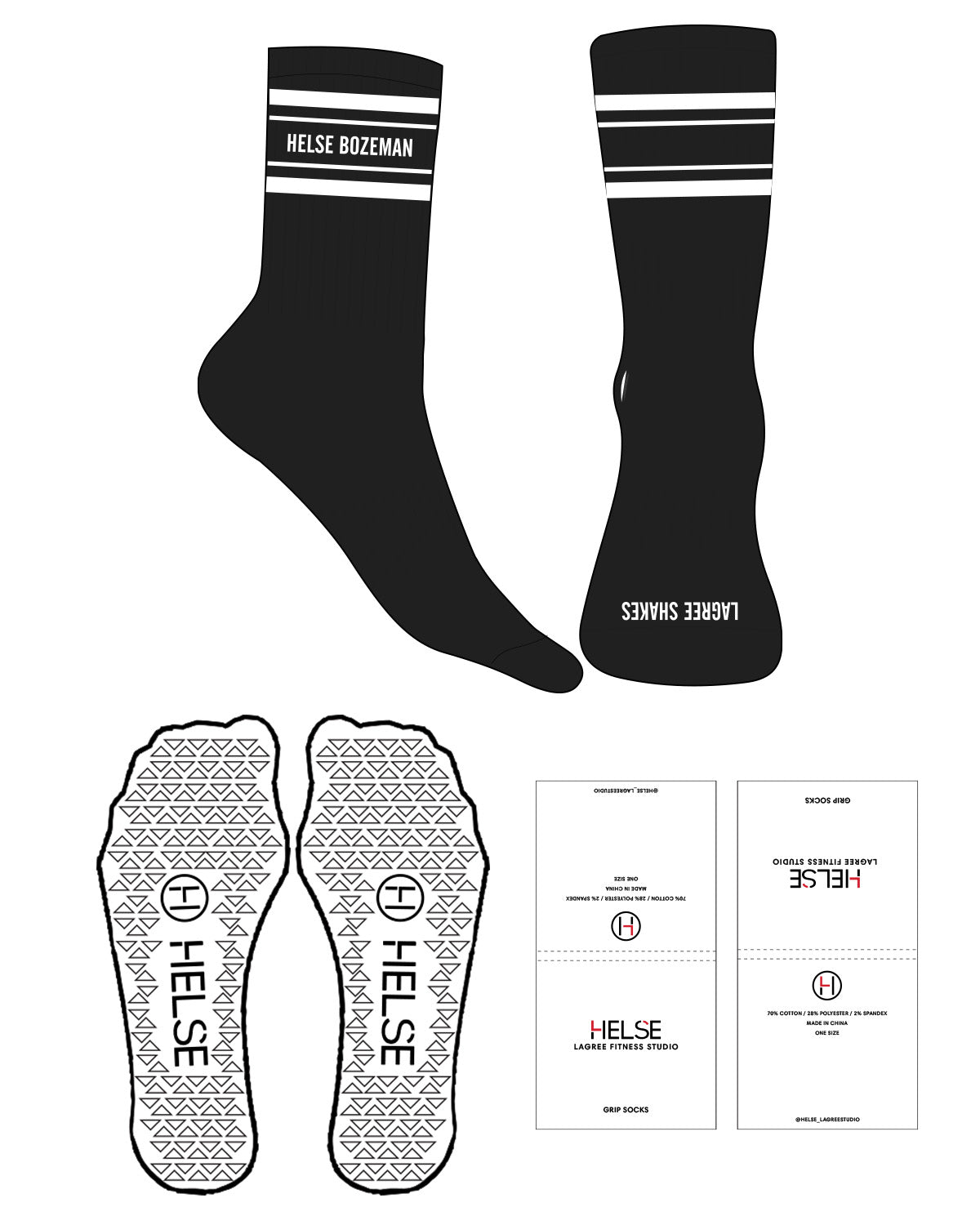 The Crew Sock - Black - Helse - 4 White Strips - Top & Toe Logo- White - Triangle Grip - White