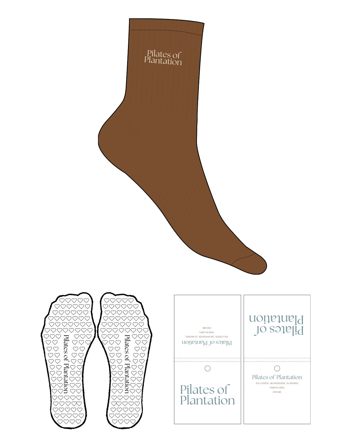 The 3/4 Crew Sock - Copperwood - Pilates of Plantation - Top Text Stacked - Embroidered - Seedpearl - Heart Grip - Transparent