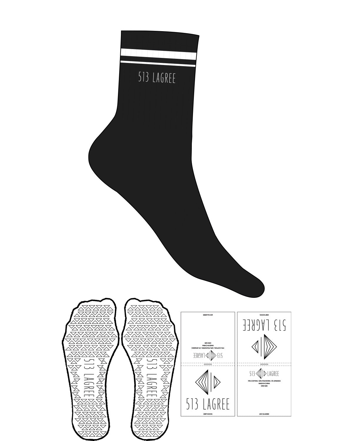 The 3/4 Crew Sock - Black - 513 Lagree - 2 Stripe - Printed - White - Ankle Text - Embroidered - White - Triangle Grip - White