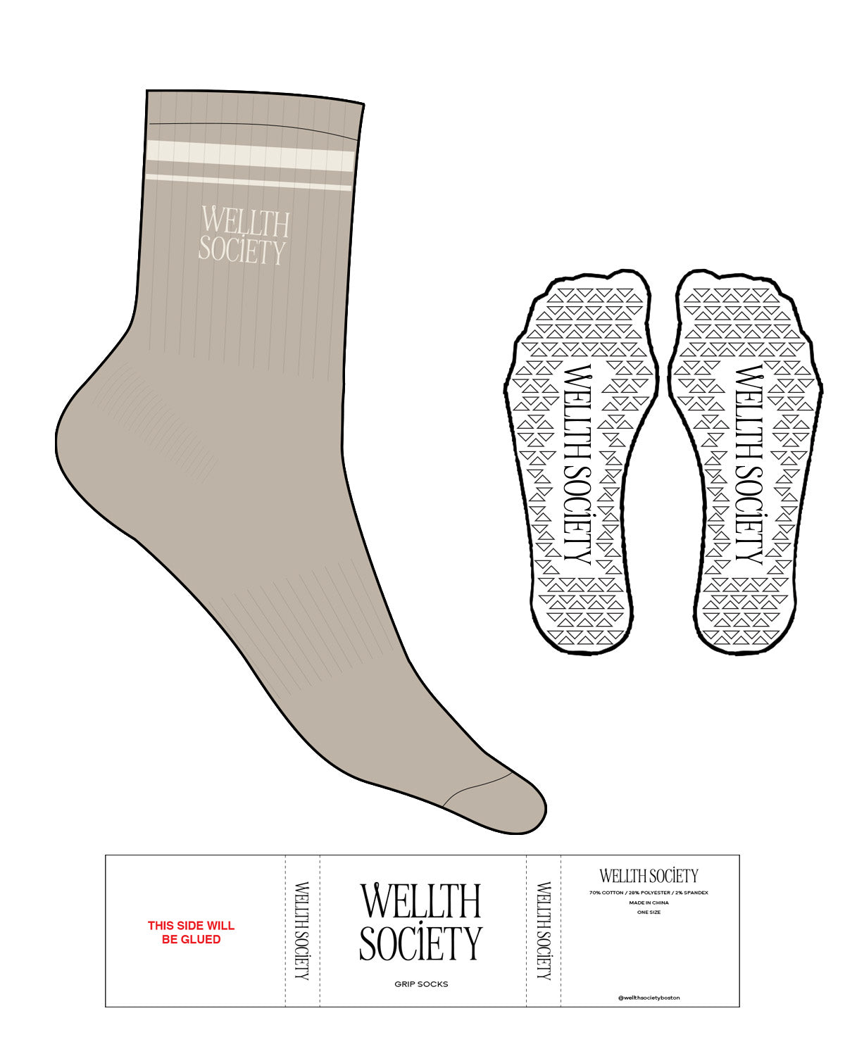 The 3/4 Crew Sock - Tan - Wellth Society - 2 Strips - Top Logo Stacked - Embroidered - Off White - Triangle Shape Grip - Transparent
