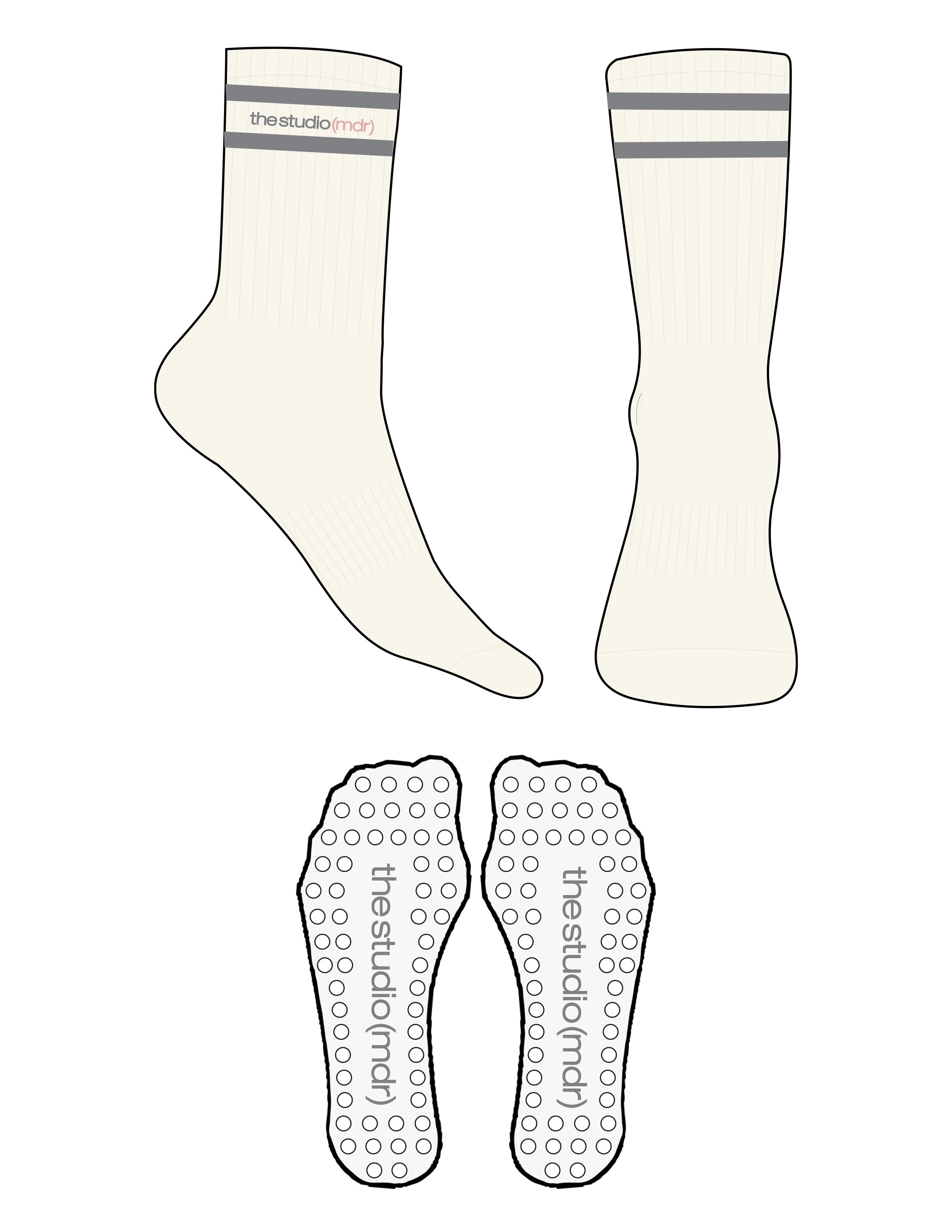 The 3/4 Crew Sock - Off White - The Studio MDR - 2 Stripes - Top Logo - Full Color - Circle Grip - Gray