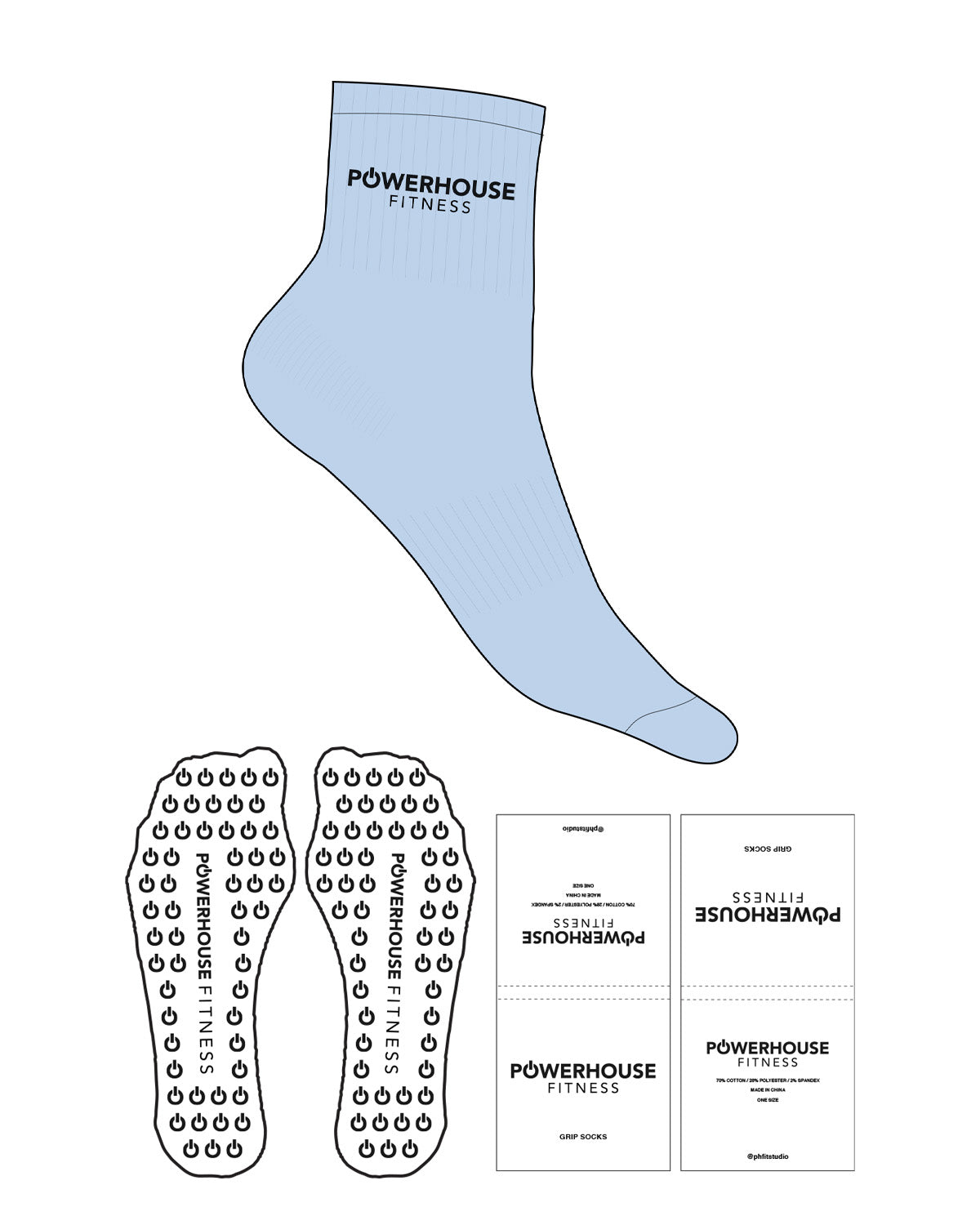 The 1/2 Crew Sock - B374 Color - Powerhouse Fitness - Top Logo - Black - Power Shape Grip - Transparent