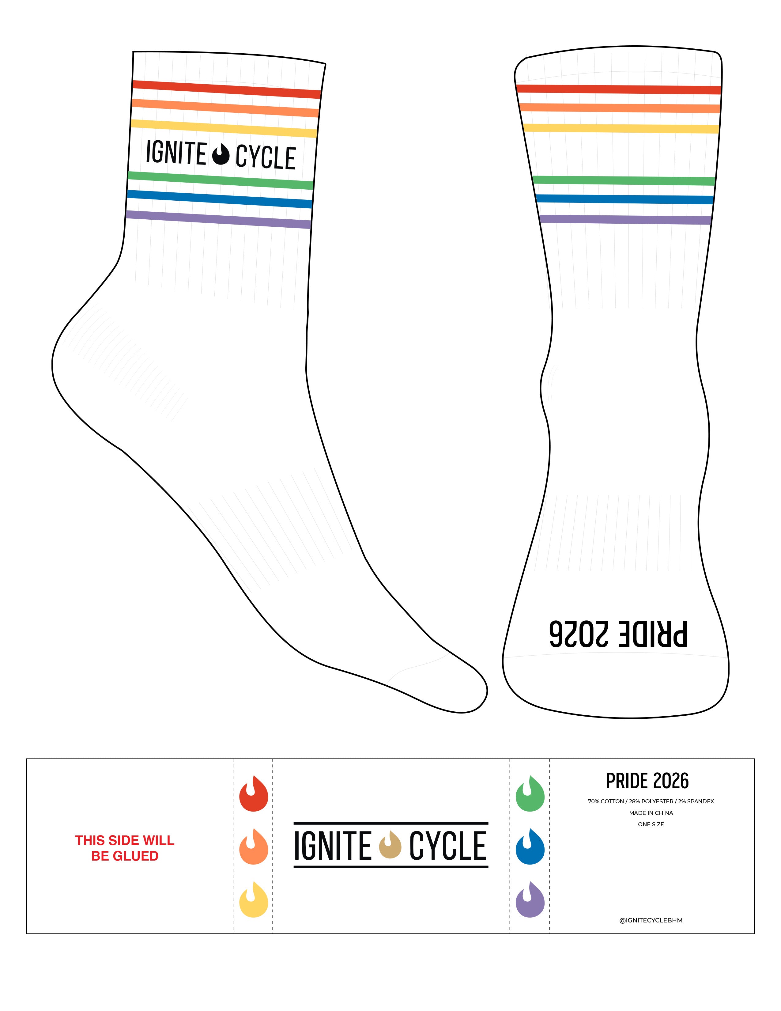 The 3/4 Crew Sock - White - Ignite Cycle - 6 Pride Printed Stripes - Top & Toe Logo - Black