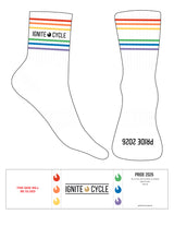The 3/4 Crew Sock - White - Ignite Cycle - 6 Pride Printed Stripes - Top & Toe Logo - Black
