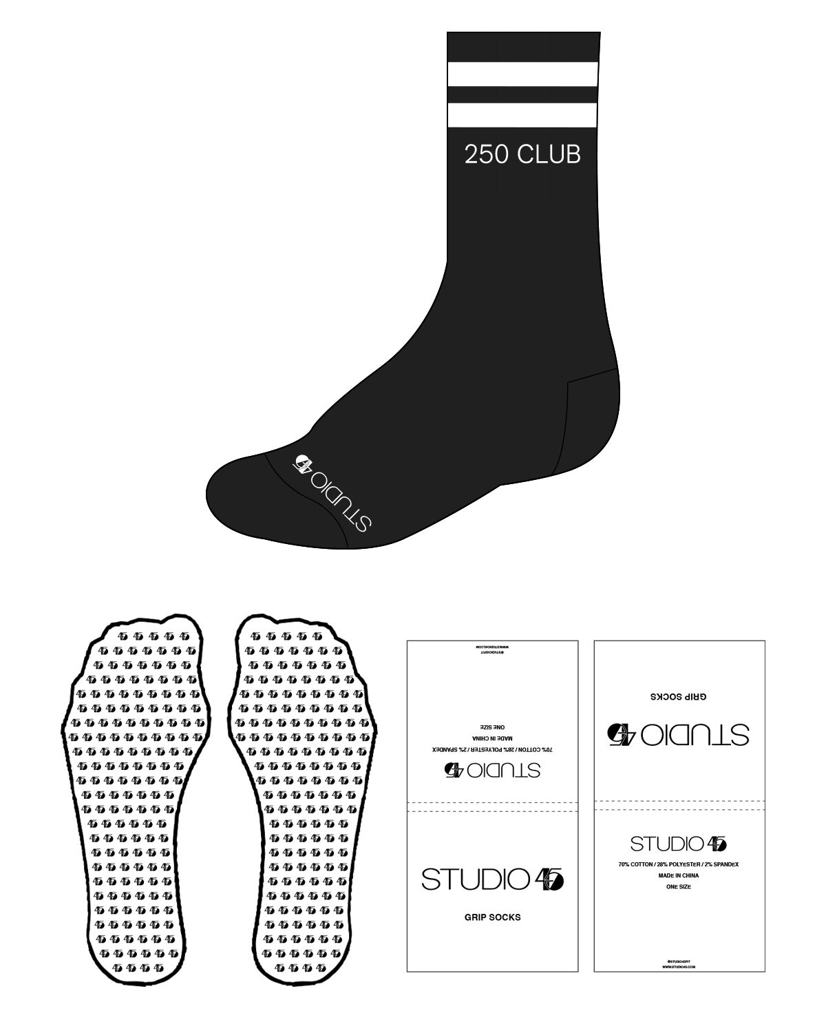 The Crew Sock - Black - Studio 45 - Top and Bottom 2 Lines  "250 Club" - White -  45 Shape Grip - White