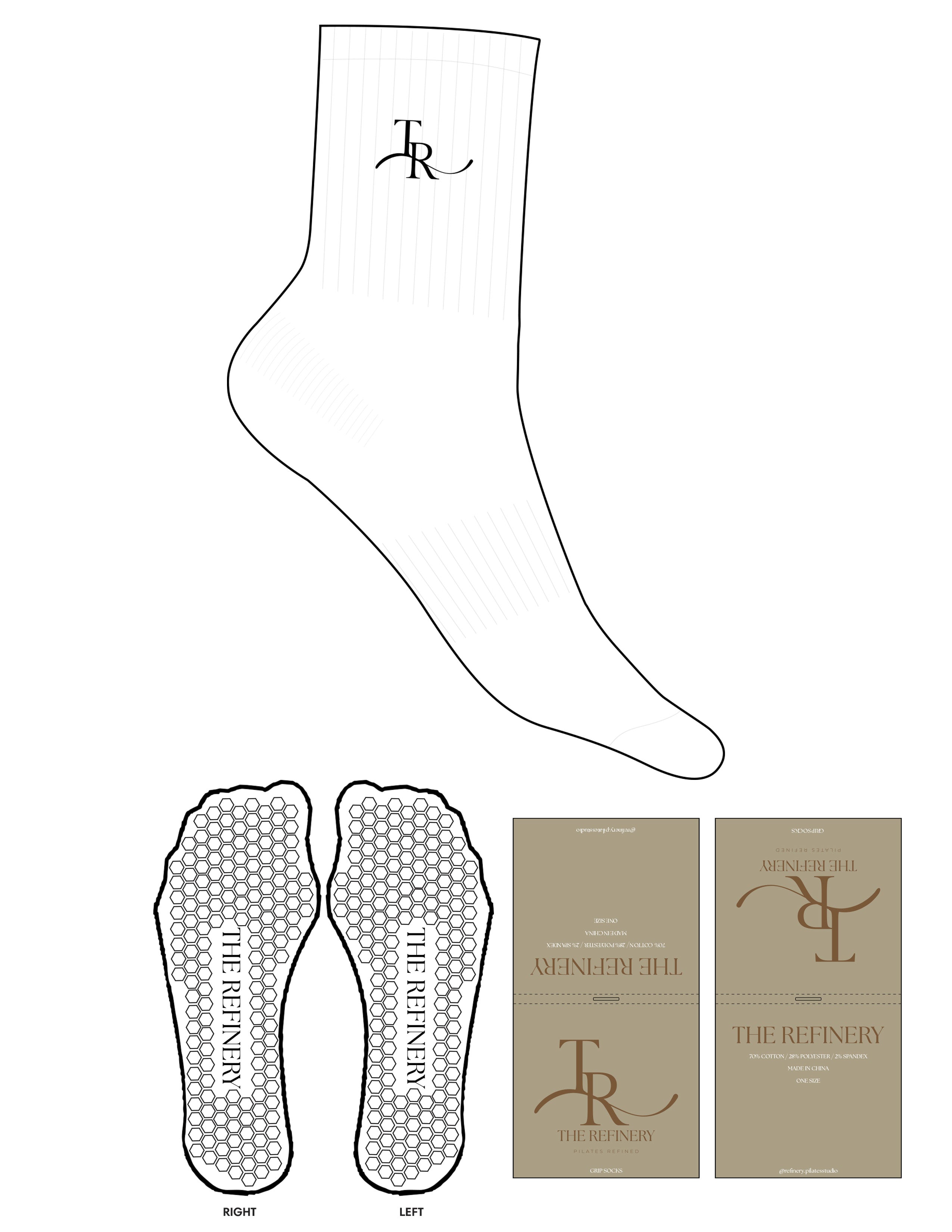 The 3/4 Crew Sock - White - The Refinery Fitness Studio - Top Logo - EMB - Black - Hexagon Grip - Black