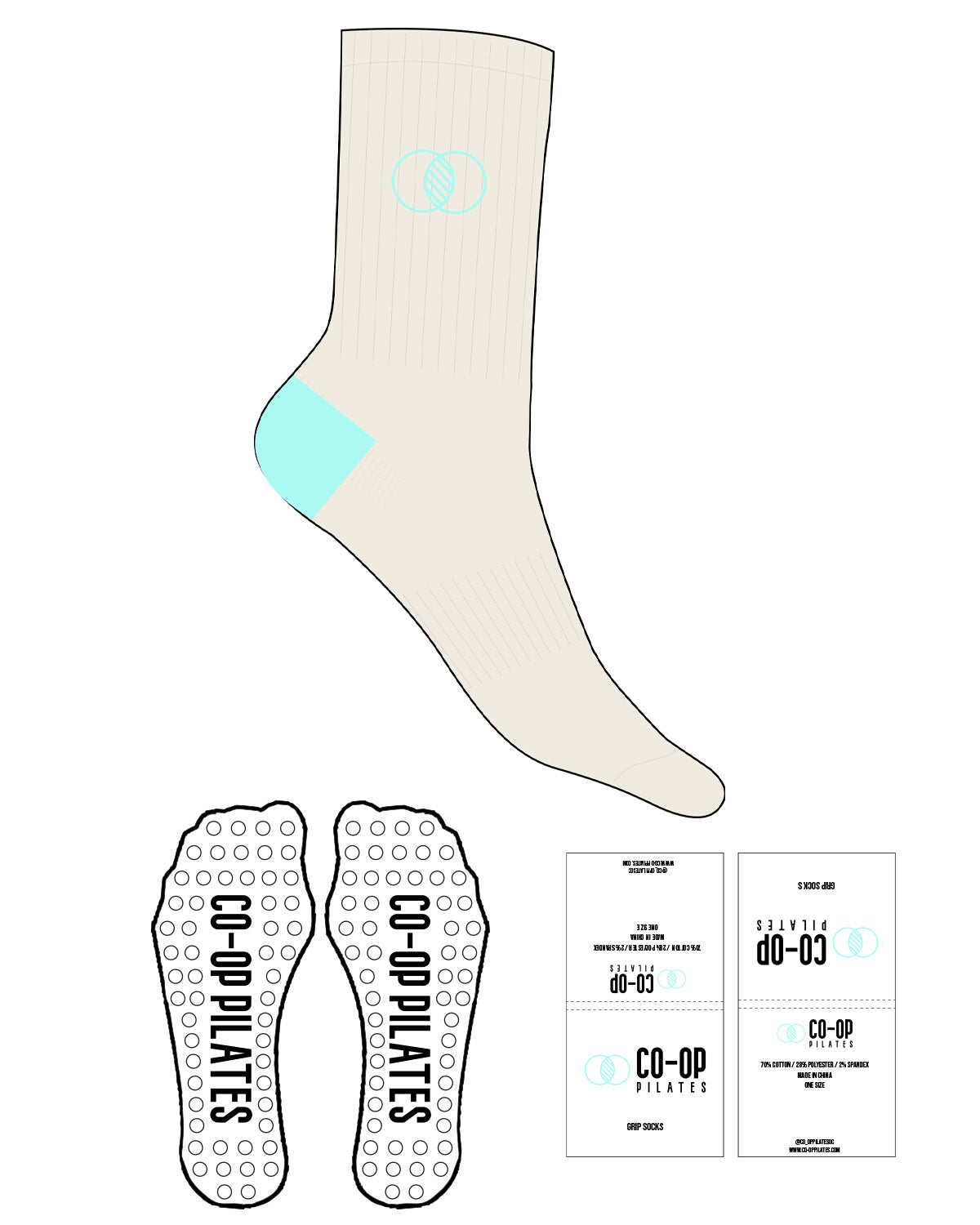 The Crew Sock - Off White - Co-Op Pilates - Top Logo Embroidered - Ankle & Toe Printed - Teal - Circle Shape Grip - Transparent
