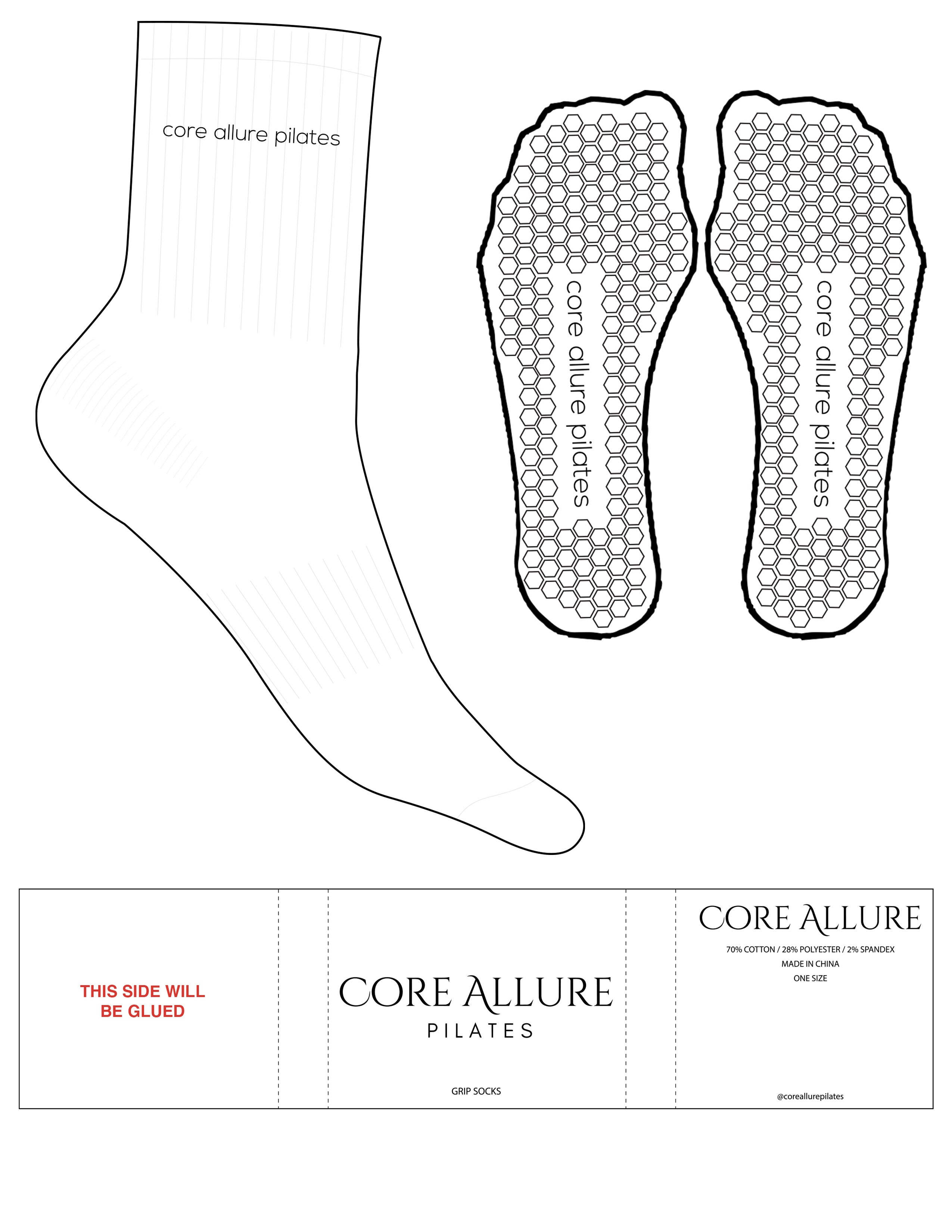 The 3/4 Crew Sock - White - Core Allure Pilates - Top Logo - EMB - Black - Hexagon Grip - Black