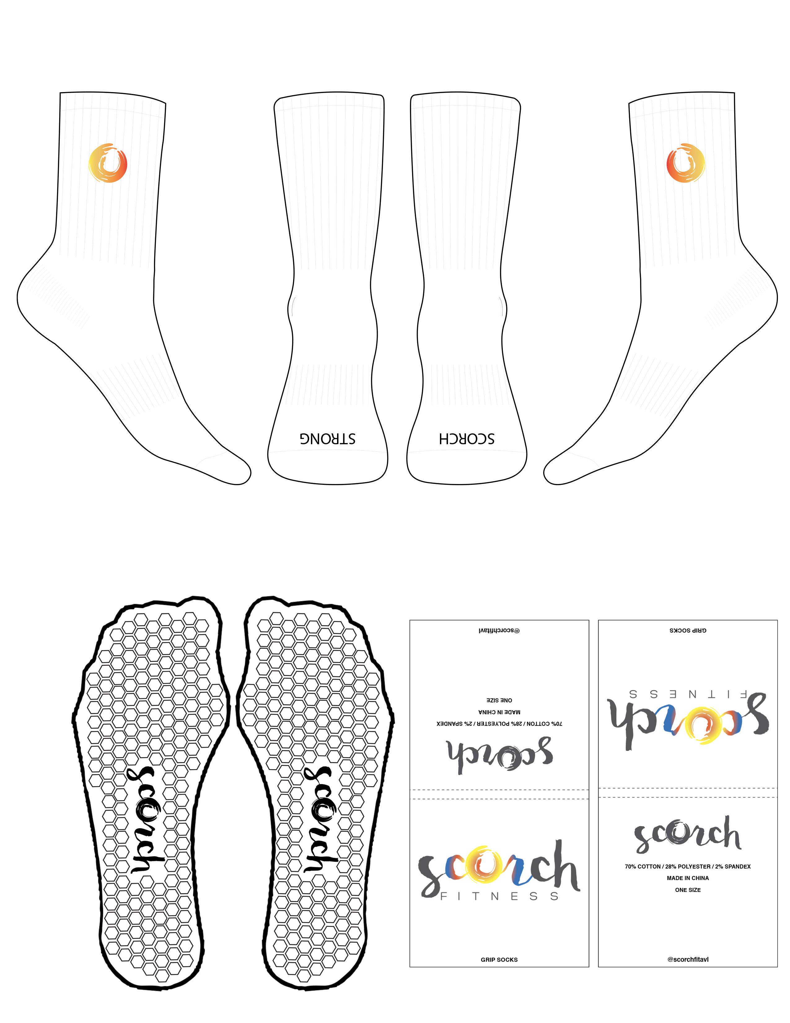 The Crew Sock - White - Scorch Fitness - Full Color EMB Ankle Logo - Black Toe Logo - Hexagon Grip - Black