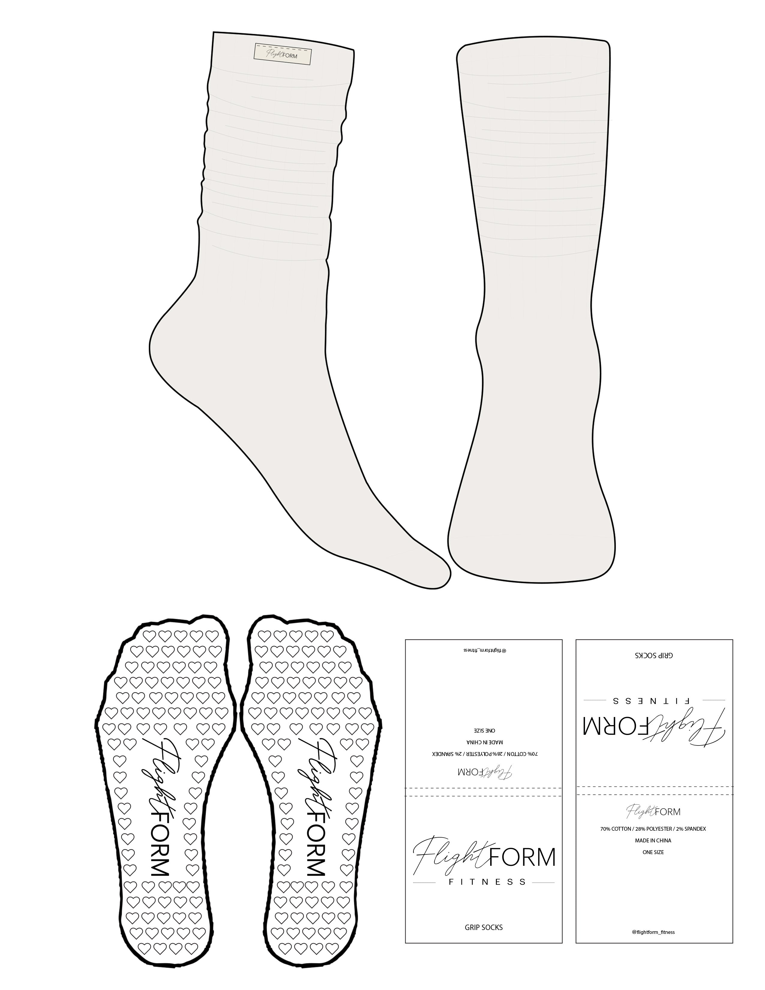The Slouch Sock - Cloud Dancer - Flightform - Top Logo Sewn on Tag - Black Writing - Heart Grip - Transparent