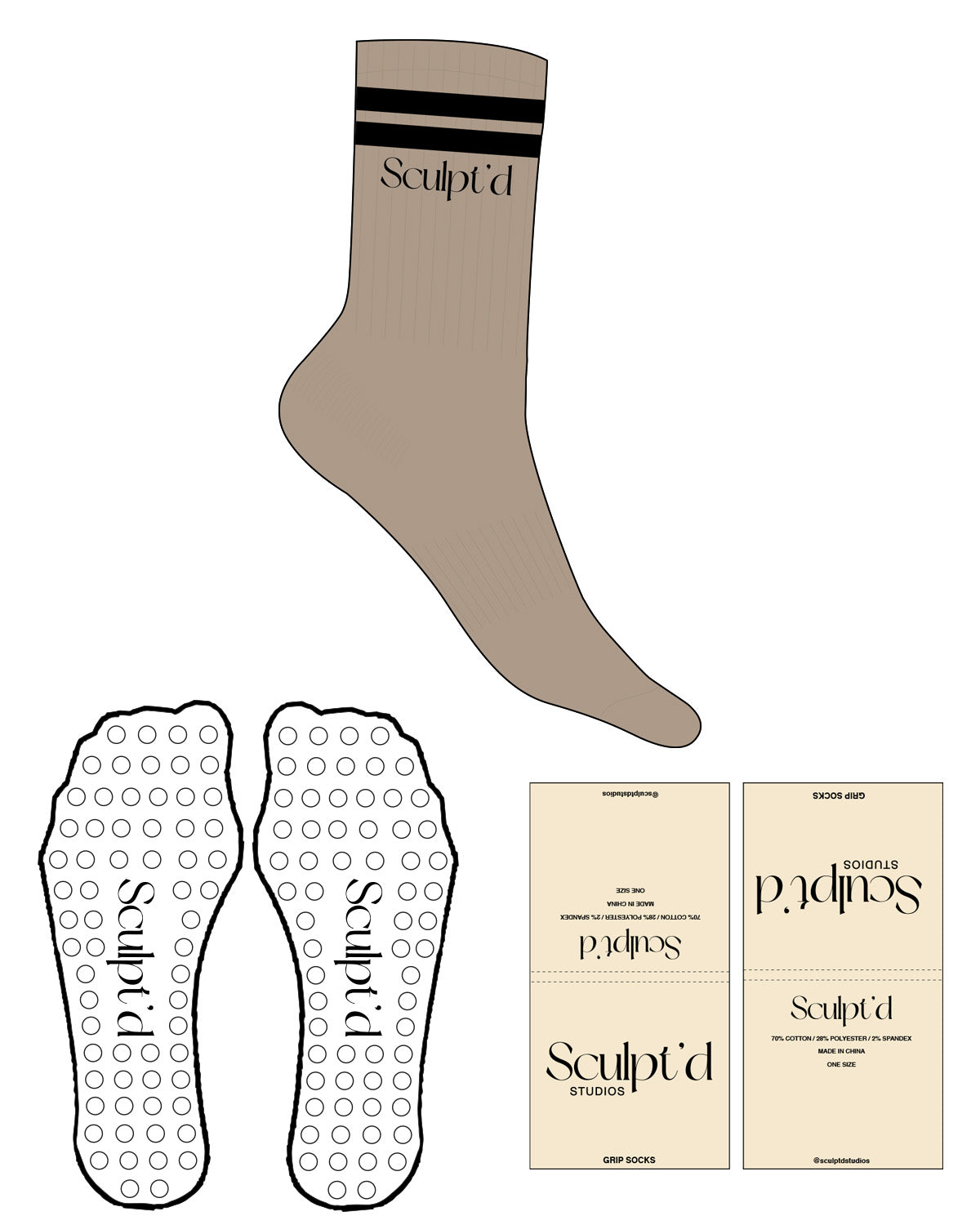 The Crew Sock - Oat Milk - Sculpt'd Studios - Stripes & Top Logo - Black - Circle Grip - Black